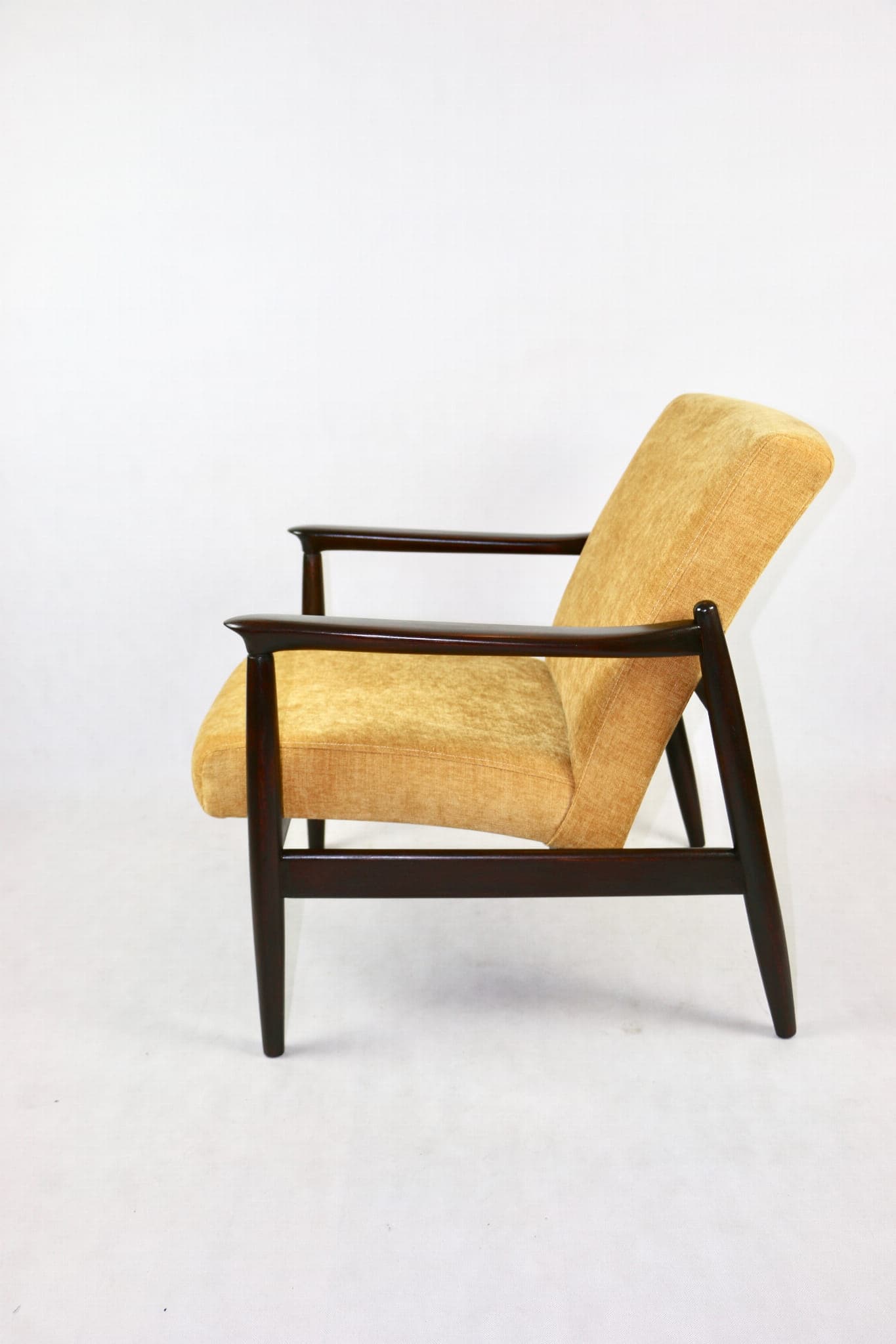 Armchair GFM-64, yellow textured fabric, dark brown wood, by E. Homa, Poland, 1960s. - 107332