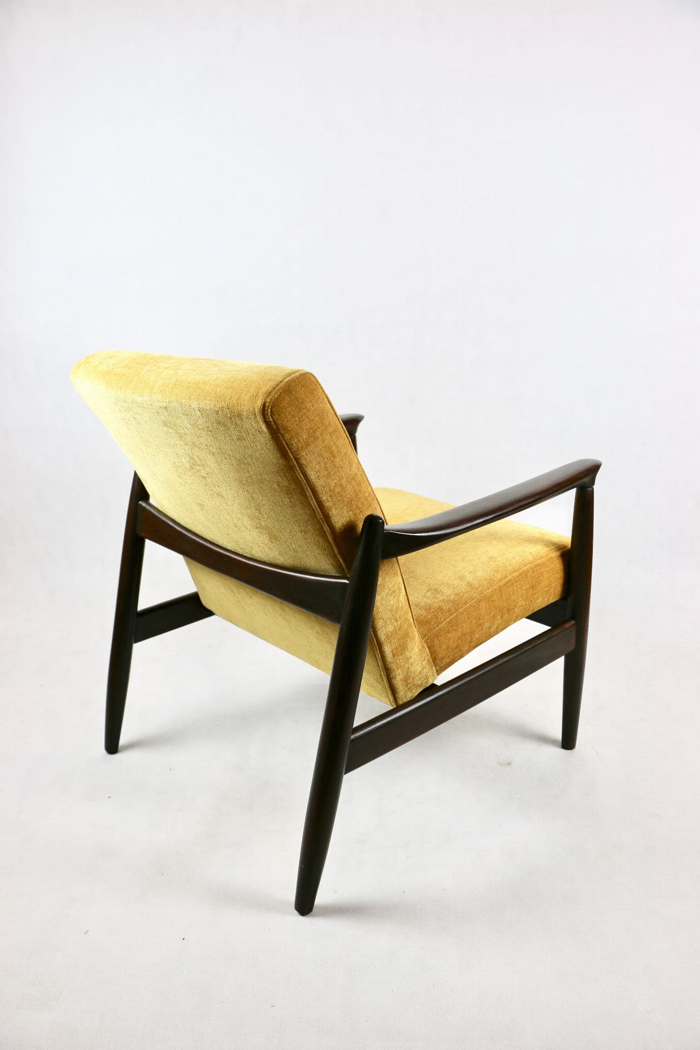 Armchair GFM-64, yellow textured fabric, dark brown wood, by E. Homa, Poland, 1960s. - 107335