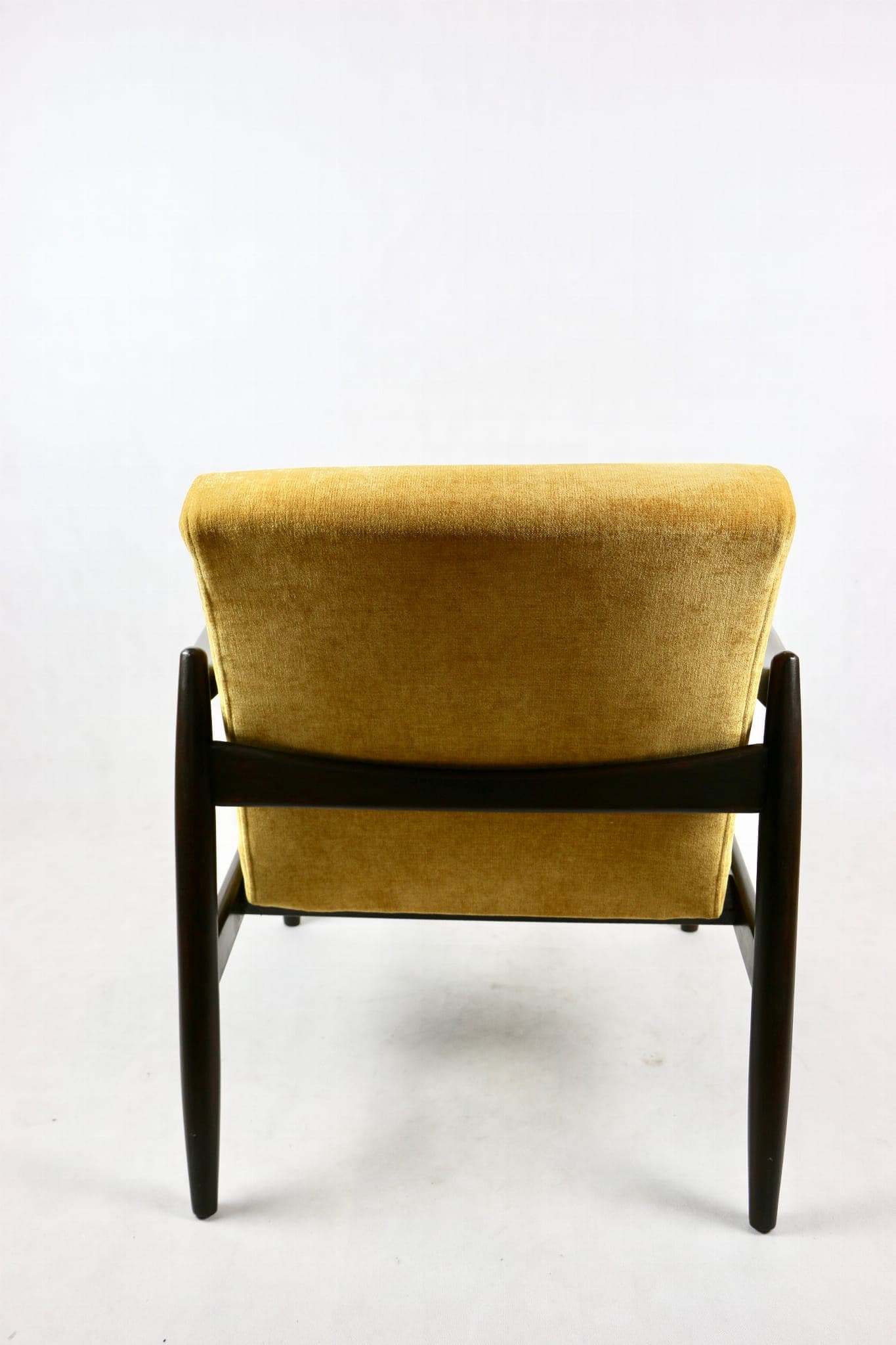 Armchair GFM-64, yellow textured fabric, dark brown wood, by E. Homa, Poland, 1960s. - 107334