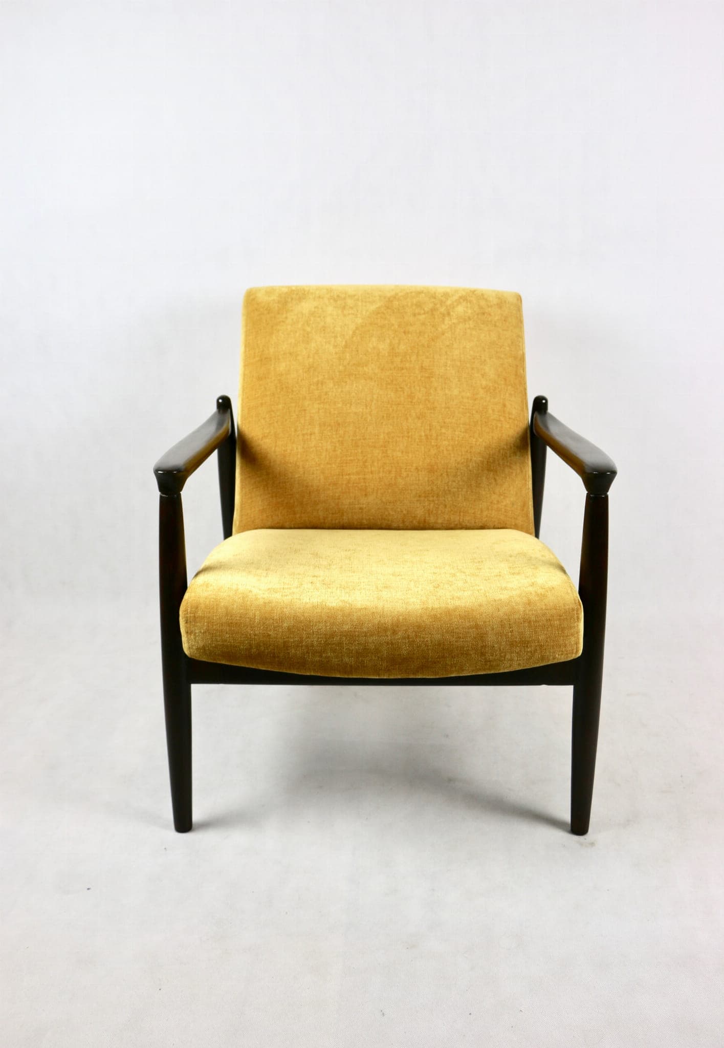 Armchair GFM-64, yellow textured fabric, dark brown wood, by E. Homa, Poland, 1960s. - 107330