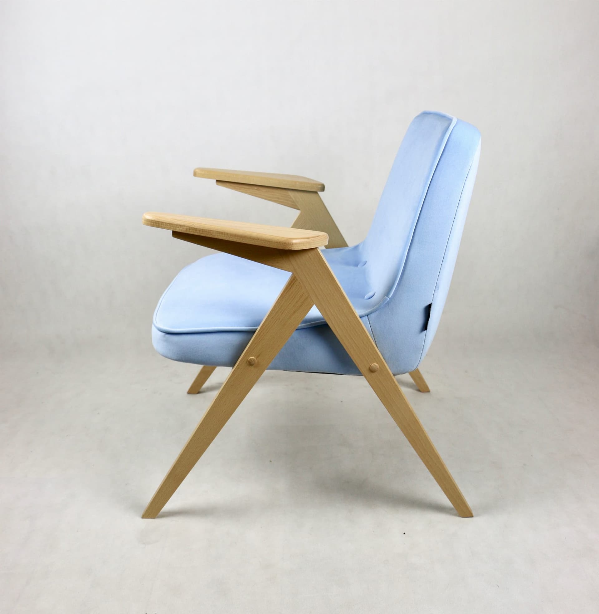Armchair Bunny, blue velvet, beech, by J. Chierowski, Poland, 1970s. - 107257