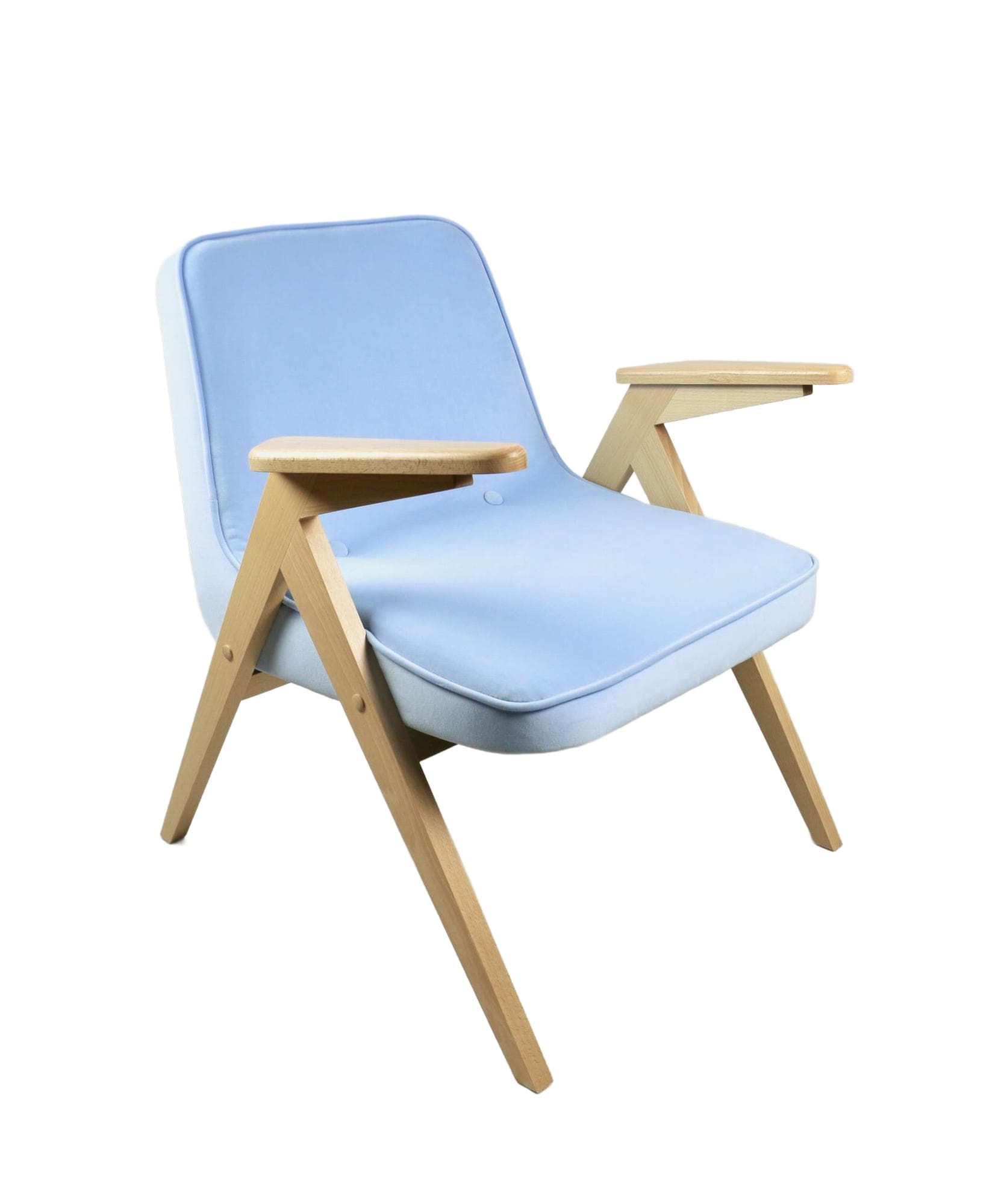 Armchair Bunny, blue velvet, beech, by J. Chierowski, Poland, 1970s.