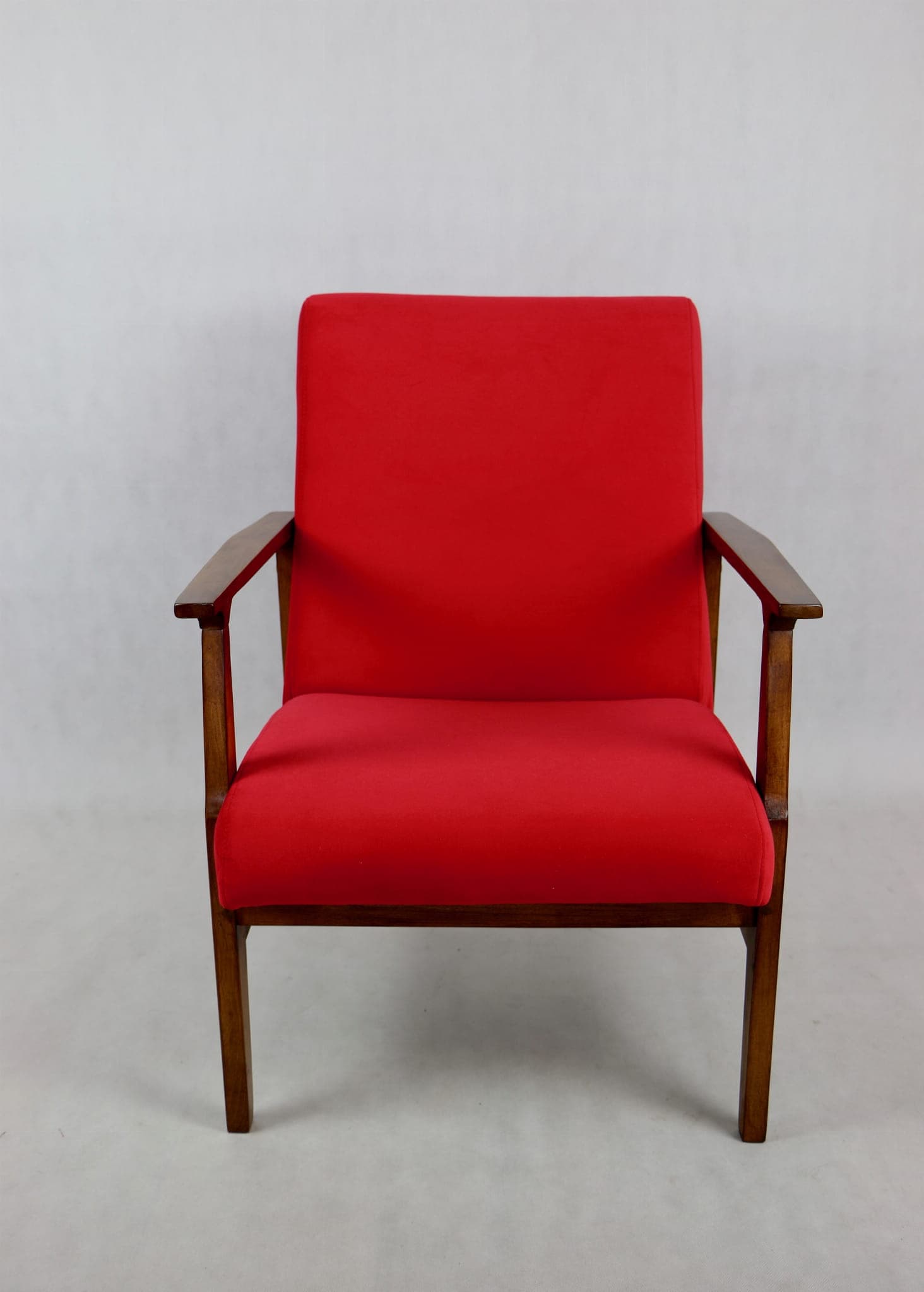 Classic armchair, red velvet, brown wood, 1970s. - 107208