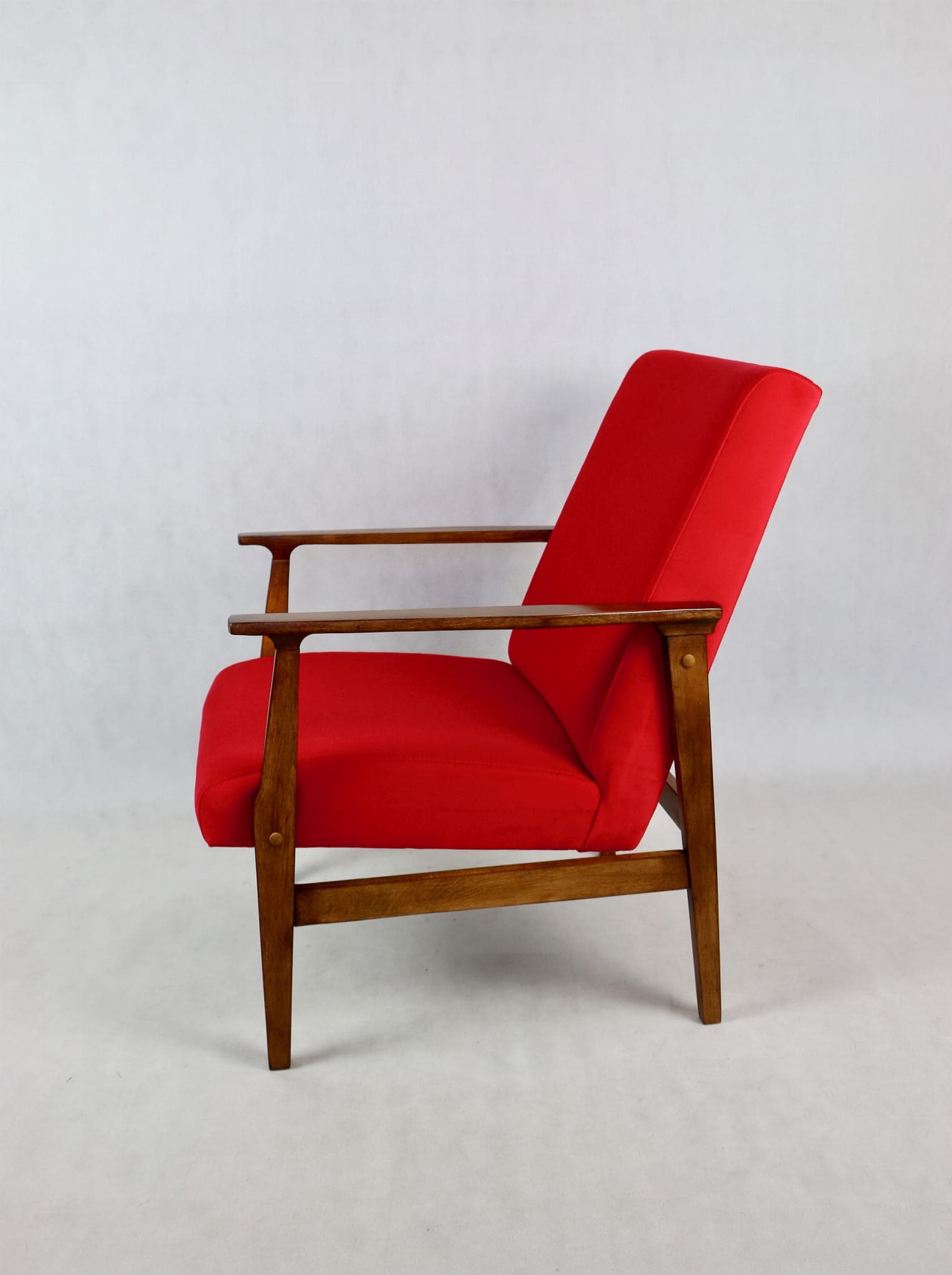 Classic armchair, red velvet, brown wood, 1970s. - 107213