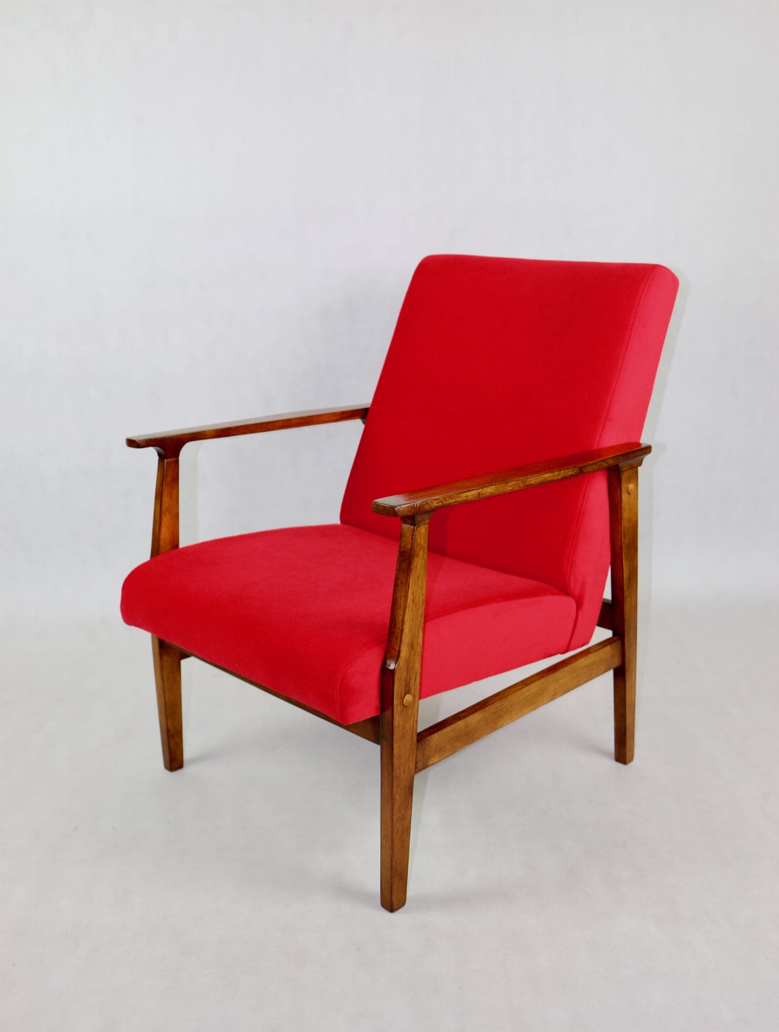 Classic armchair, red velvet, brown wood, 1970s. - 107214