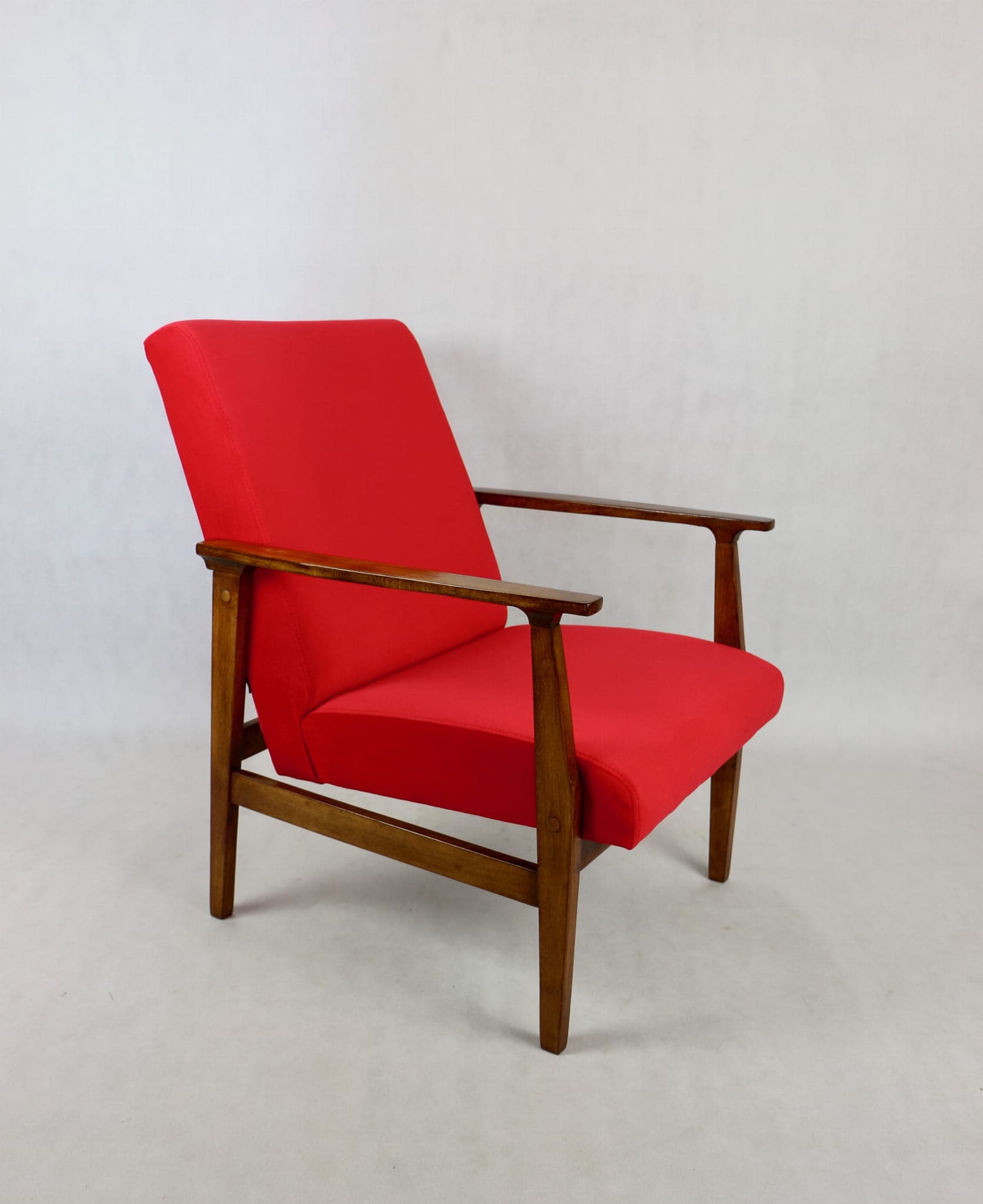 Classic armchair, red velvet, brown wood, 1970s. - 107209