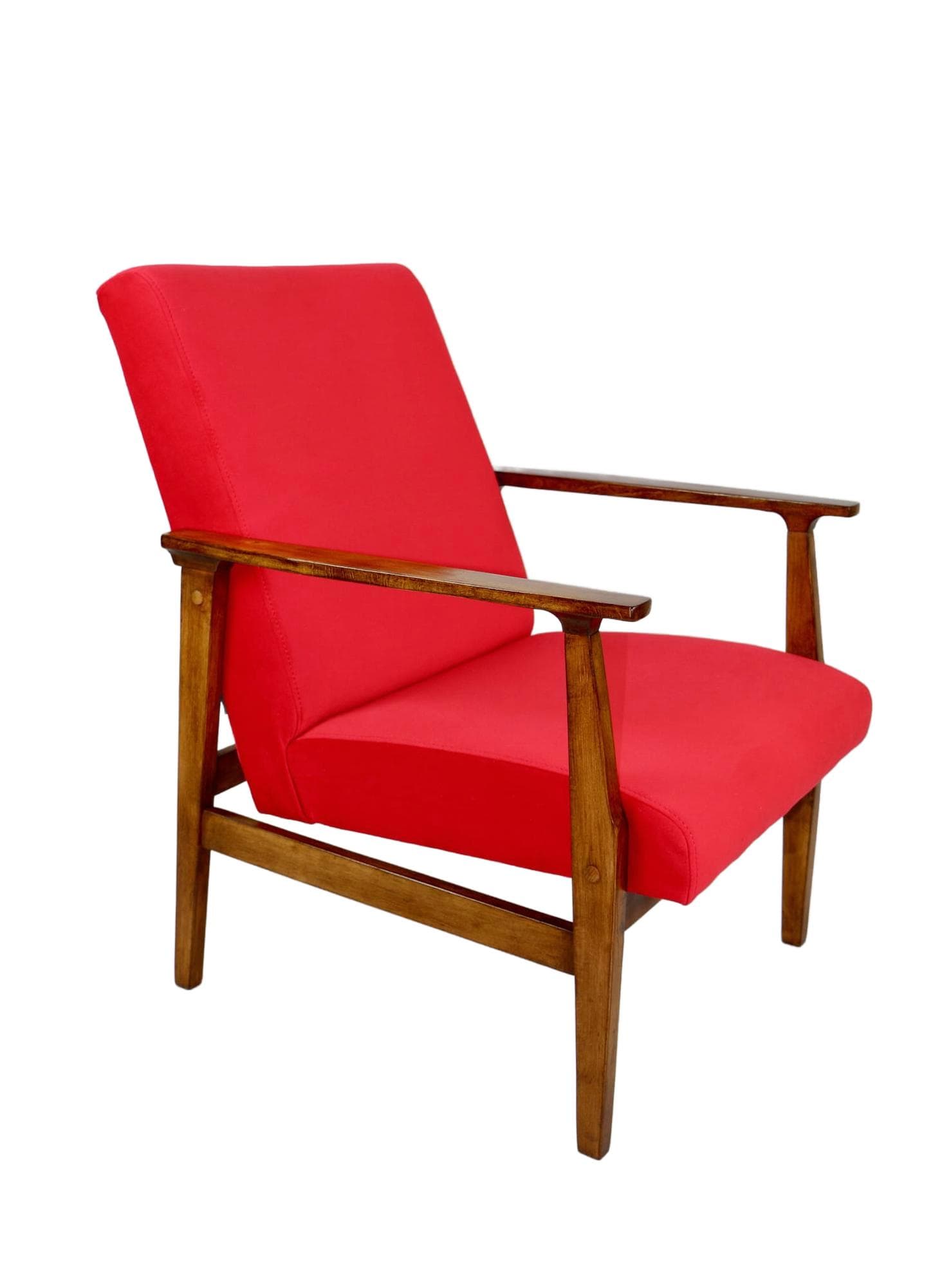 Classic armchair, red velvet, brown wood, 1970s.