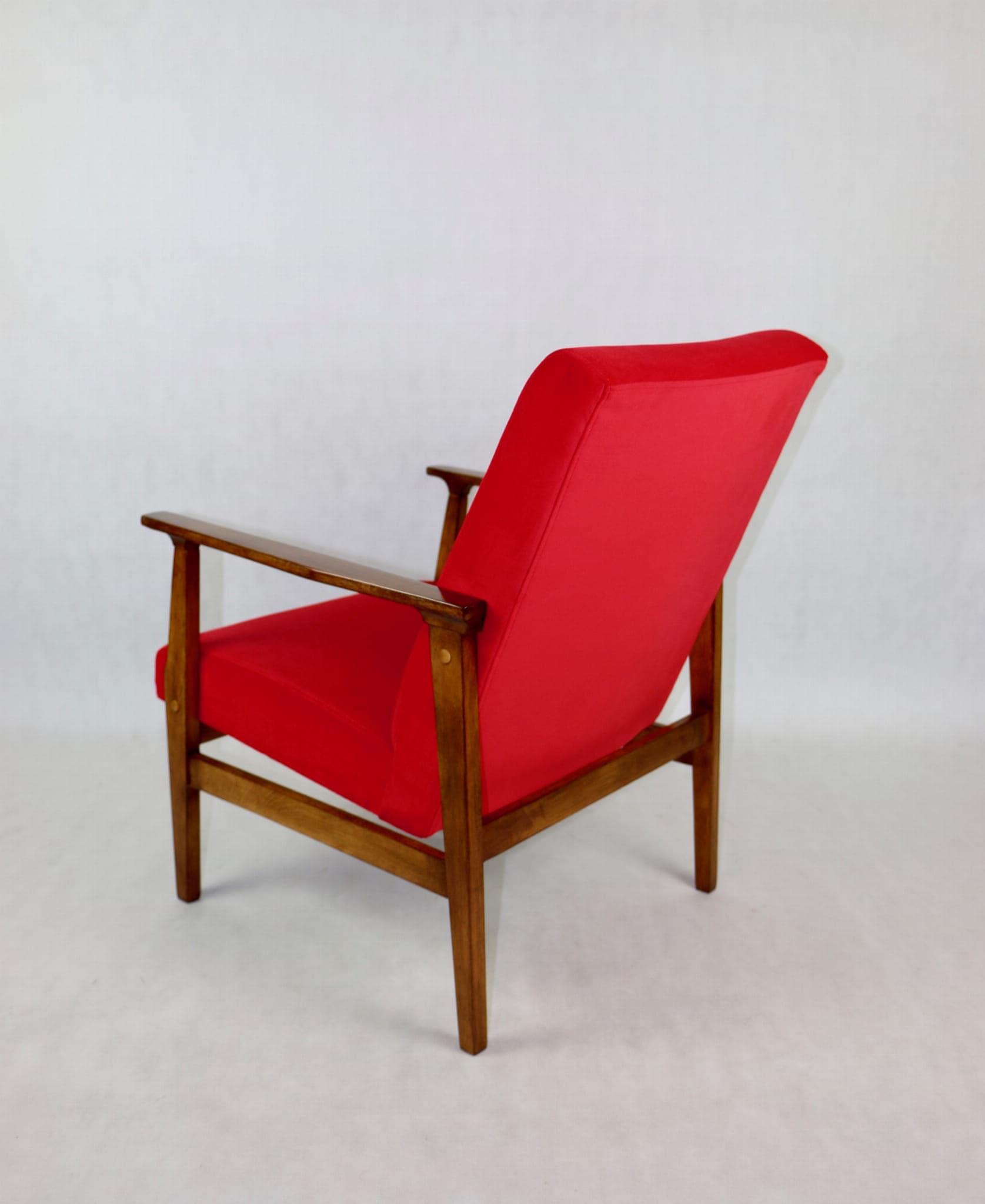 Classic armchair, red velvet, brown wood, 1970s. - 107212