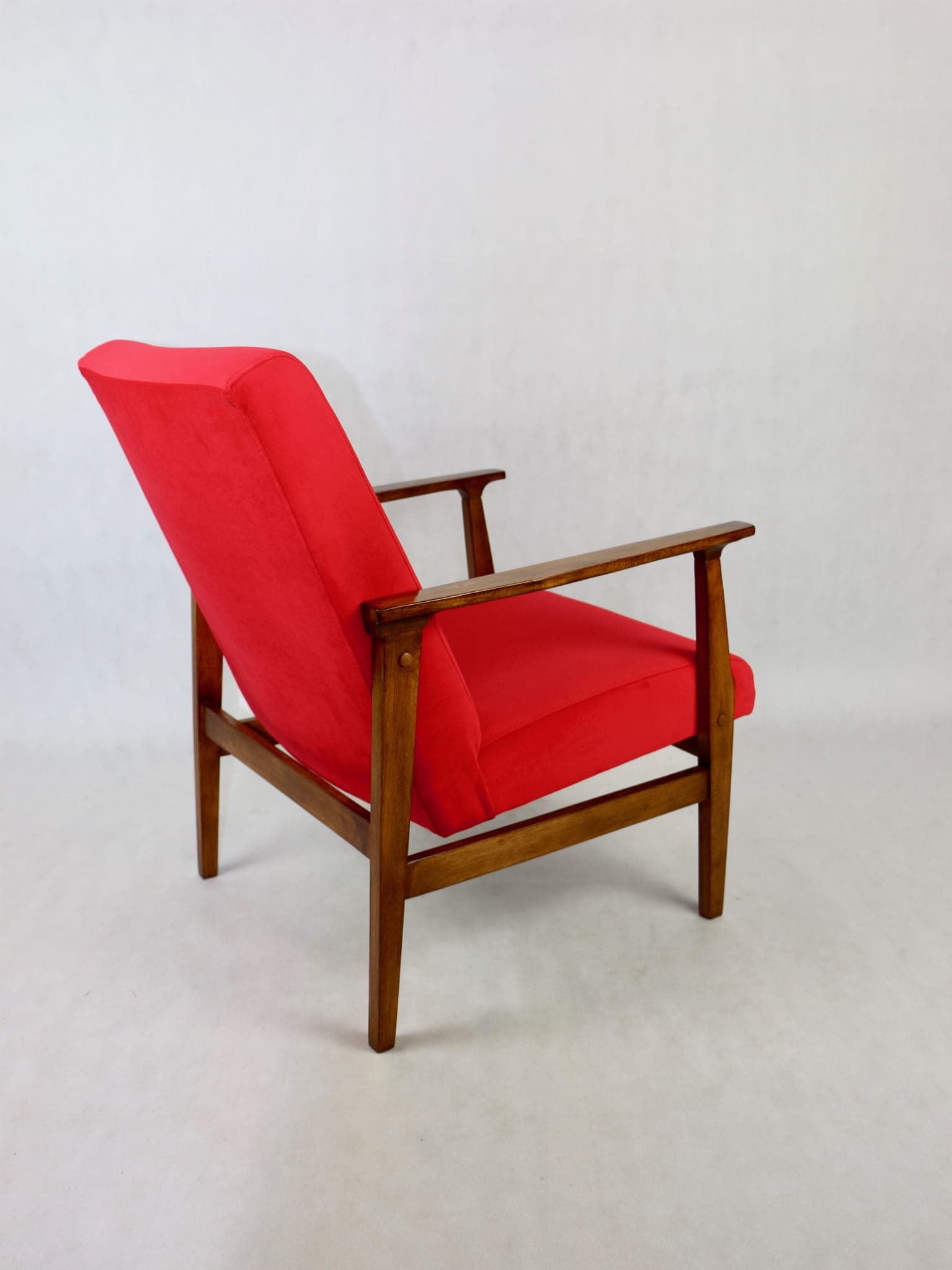 Classic armchair, red velvet, brown wood, 1970s. - 107211