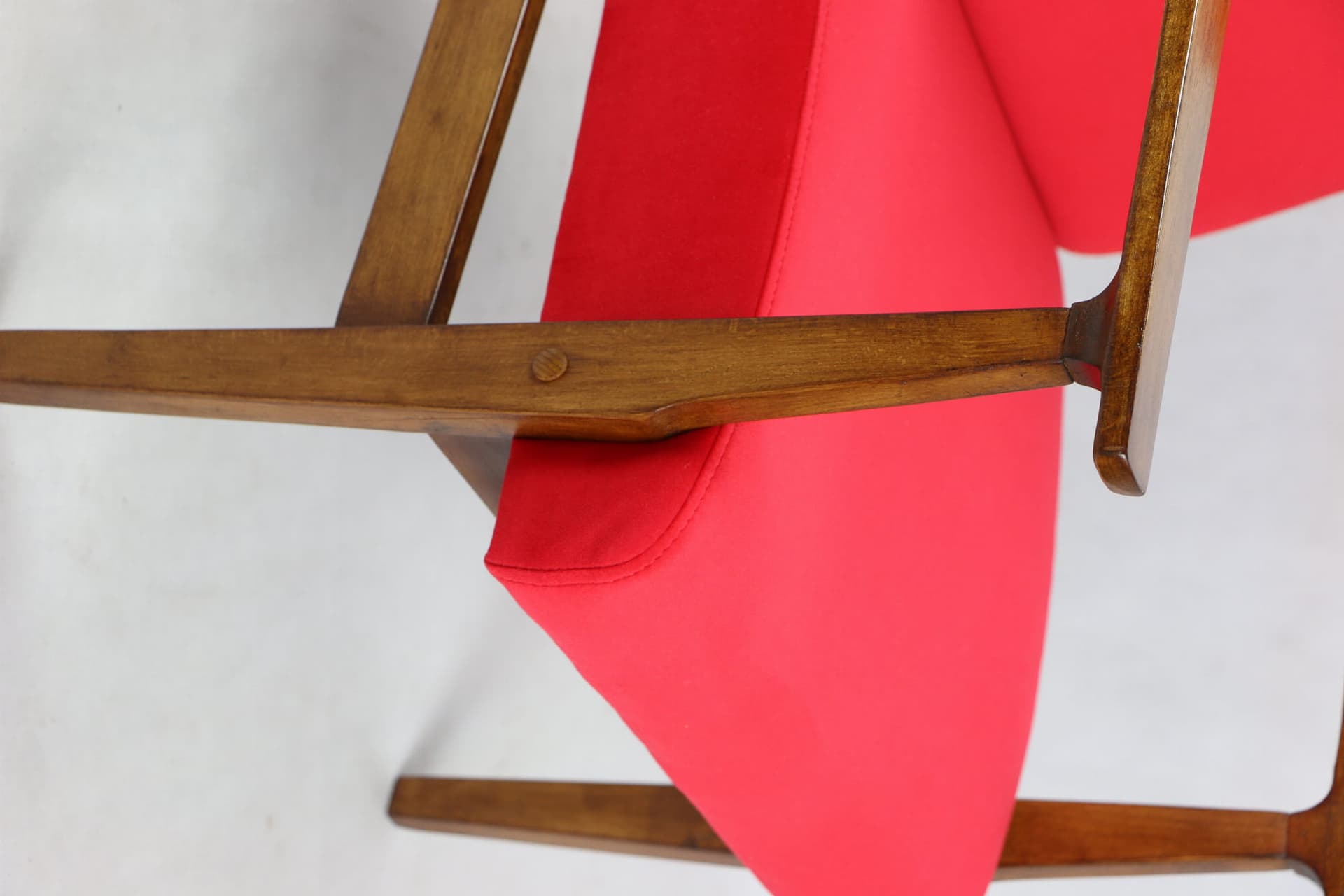 Classic armchair, red velvet, brown wood, 1970s. - 107210