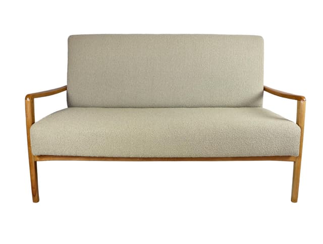 Sofa, beżowy bouclé, drewno jasne, Rumunia, lata 70. - WYMIARY