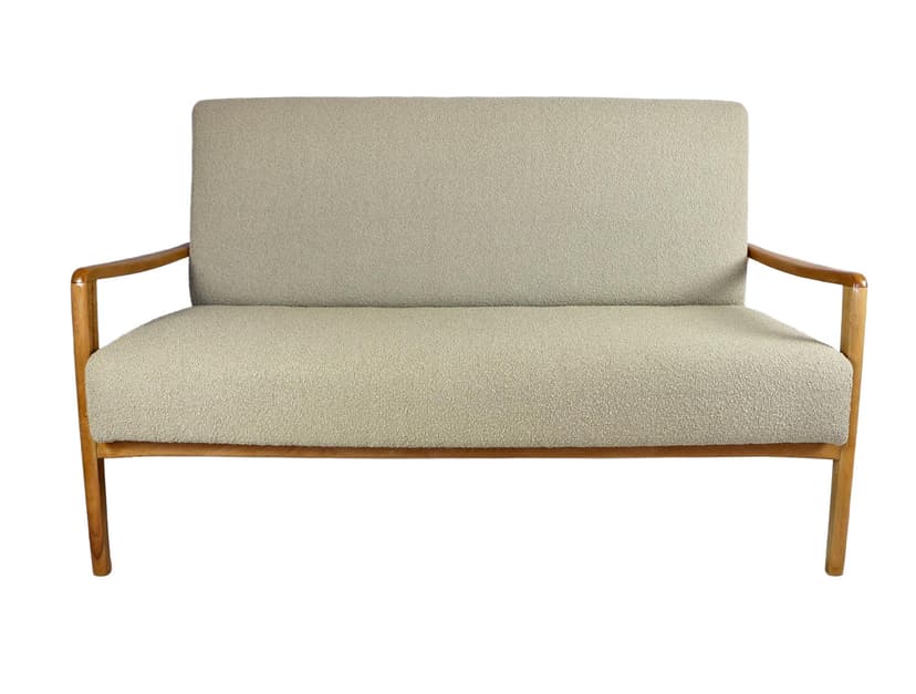 Sofa, beżowy bouclé, drewno jasne, Rumunia, lata 70.