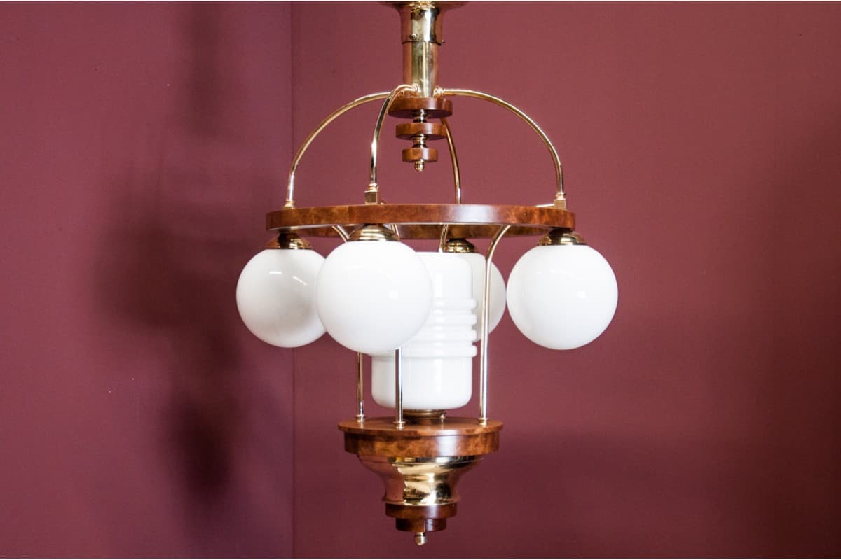 Orzechowy żyrandol Art Deco, Polska, lata 40. - 58846