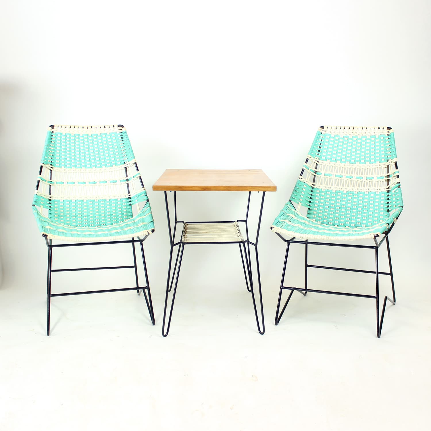 Zestaw wypoczynkowy, turkusowy, metal, plastik, drewno, Czechosłowacja, lata 60. - 108283