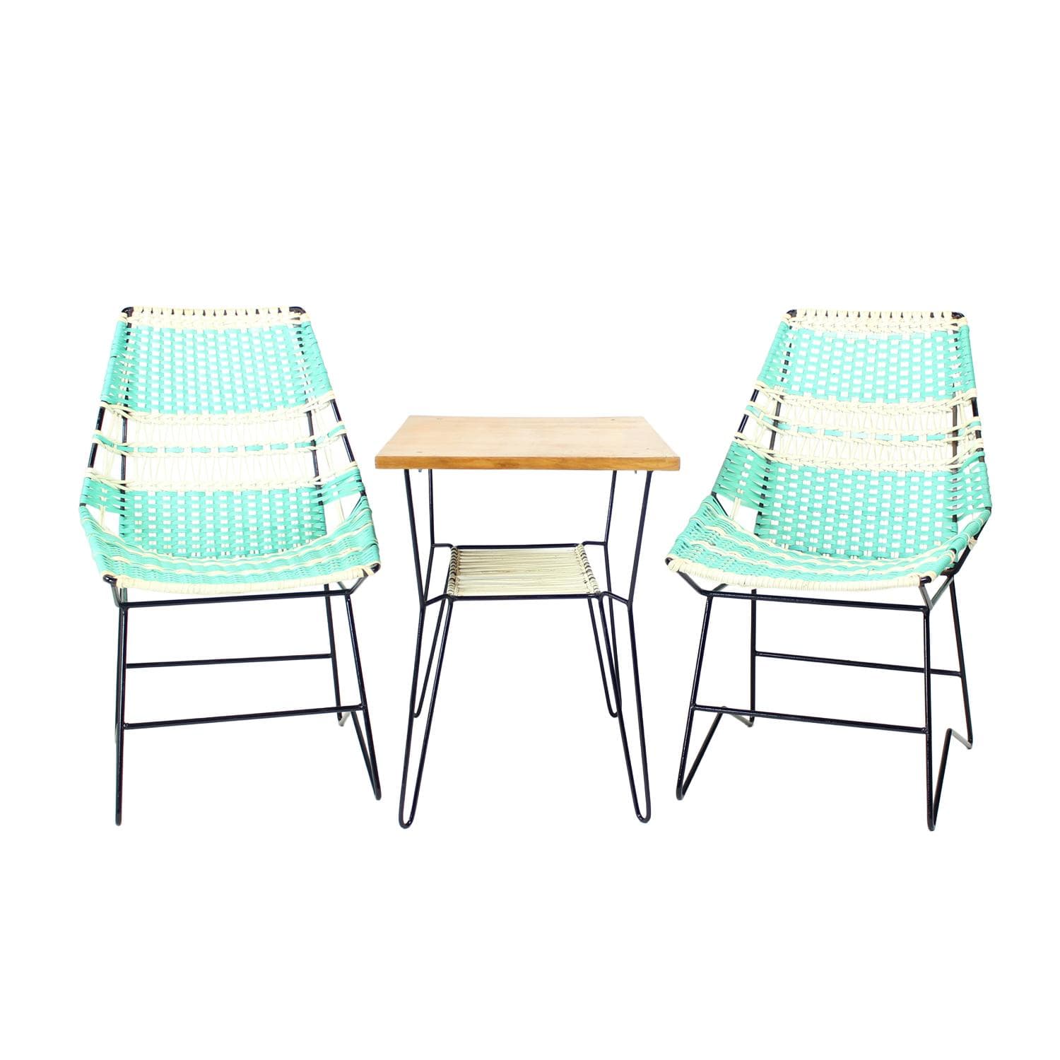 Zestaw wypoczynkowy, turkusowy, metal, plastik, drewno, Czechosłowacja, lata 60.