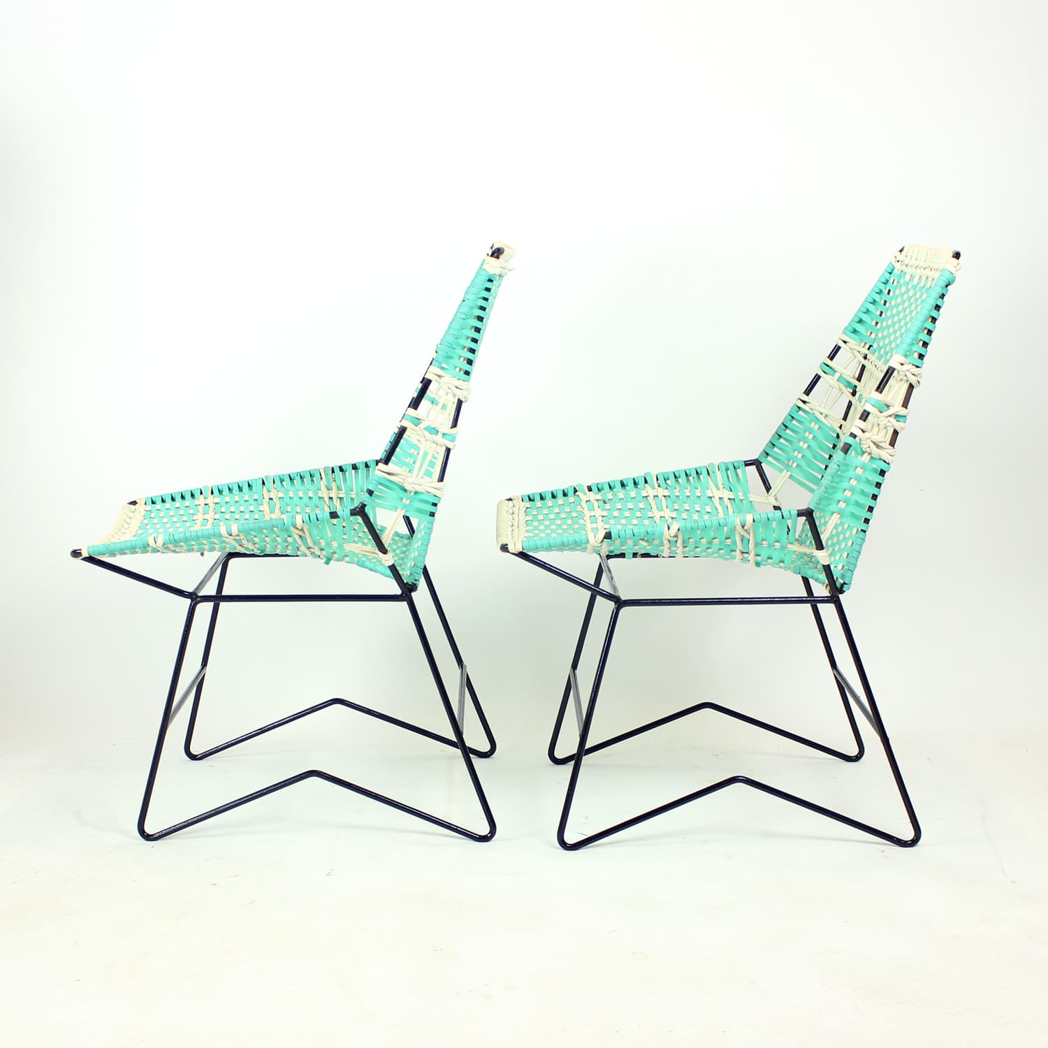 Zestaw wypoczynkowy, turkusowy, metal, plastik, drewno, Czechosłowacja, lata 60. - 108286