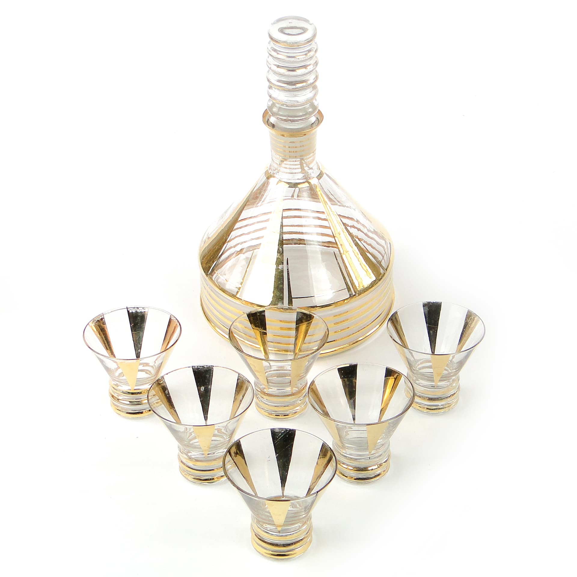Mid-century modern liqueur set, transparent and gilt glass, Kamenický Šenov, Czechoslovakia, 1950s. - 109071