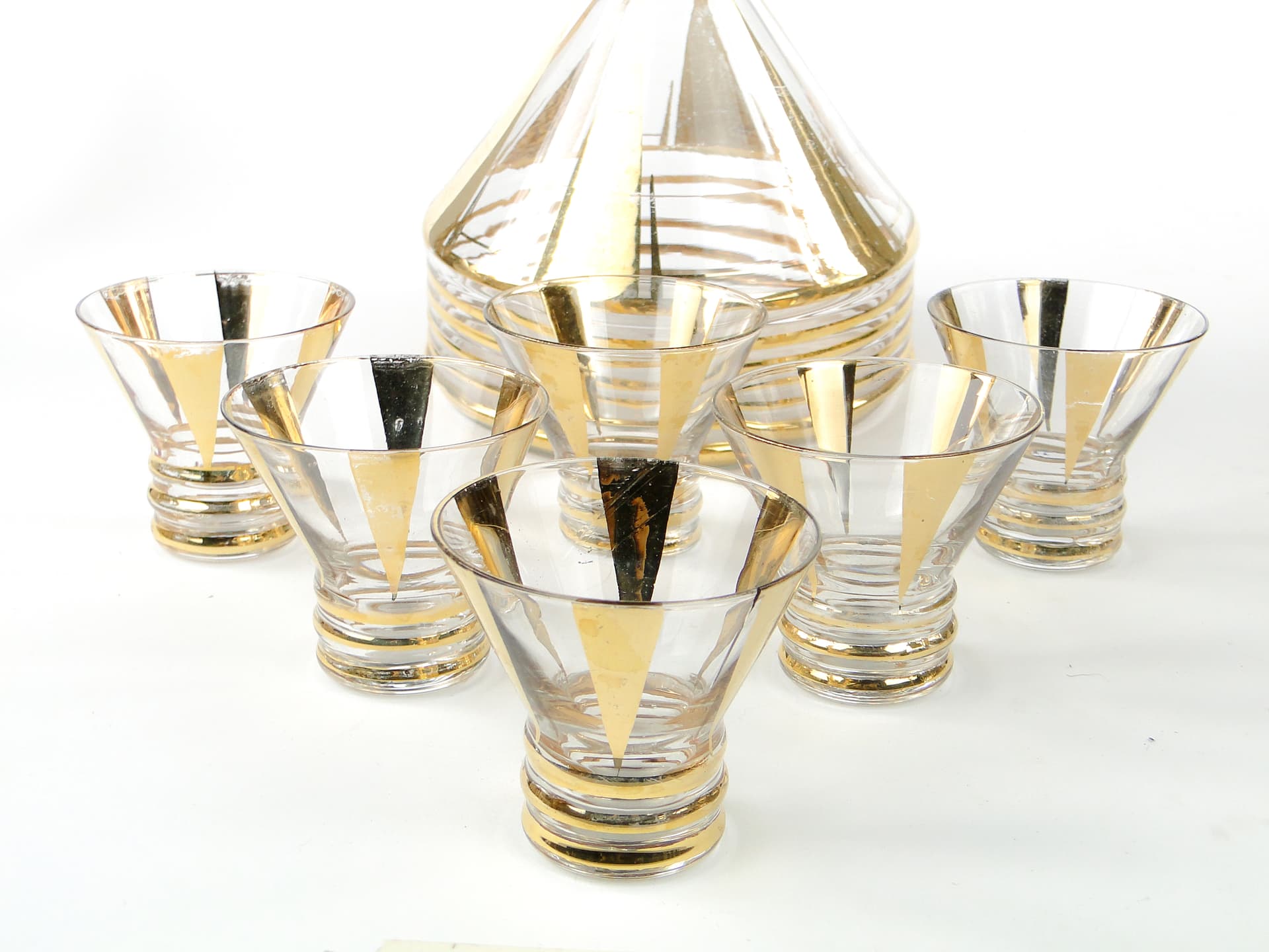 Mid-century modern liqueur set, transparent and gilt glass, Kamenický Šenov, Czechoslovakia, 1950s. - 109068