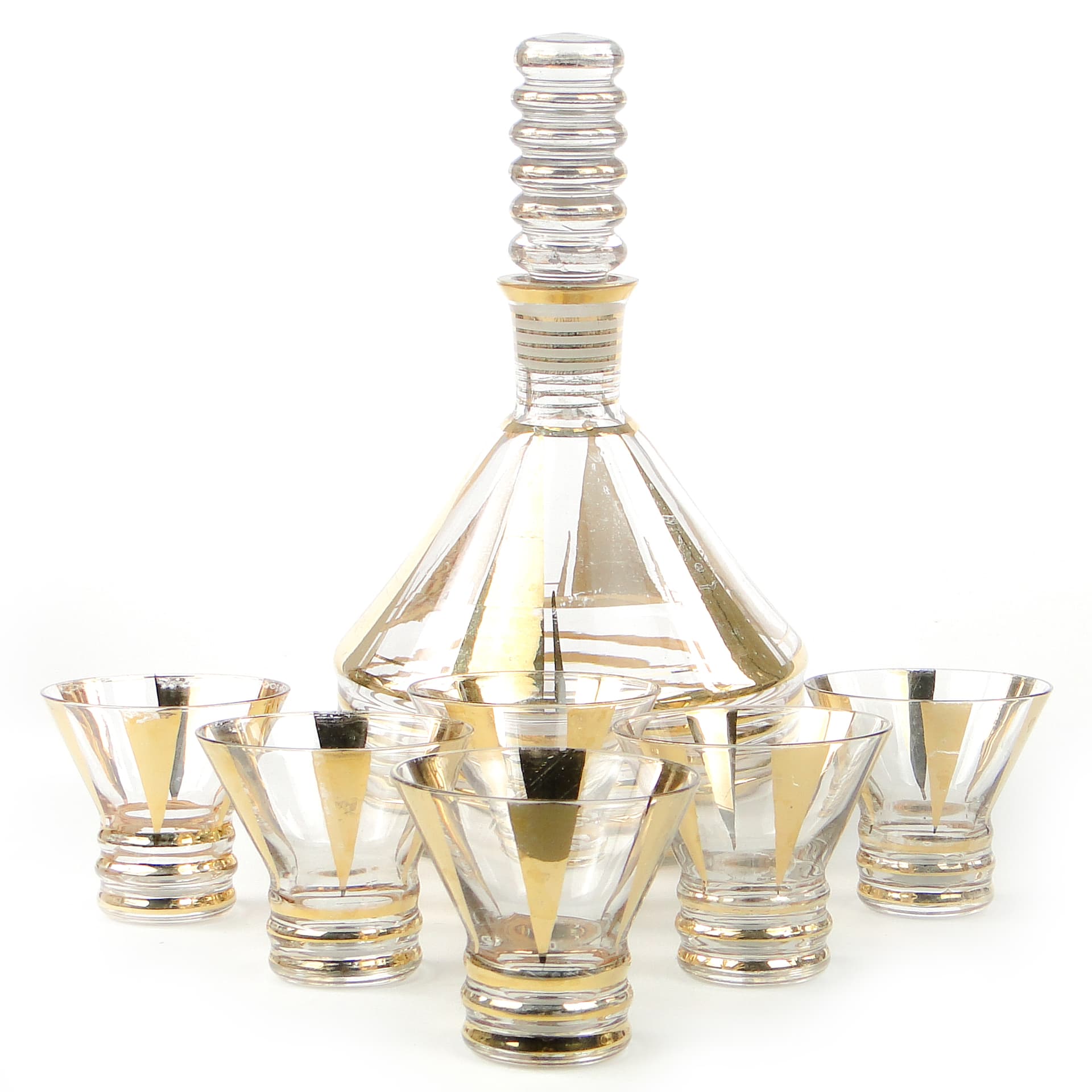 Mid-century modern liqueur set, transparent and gilt glass, Kamenický Šenov, Czechoslovakia, 1950s. - 109066