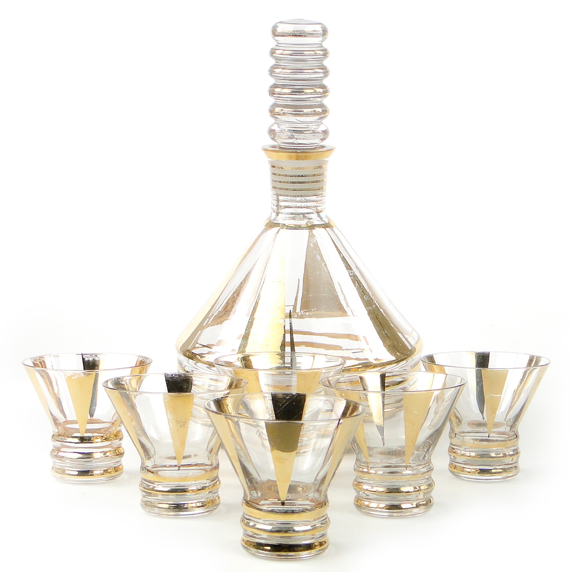 Mid-century modern liqueur set, transparent and gilt glass, Kamenický Šenov, Czechoslovakia, 1950s. - 109065