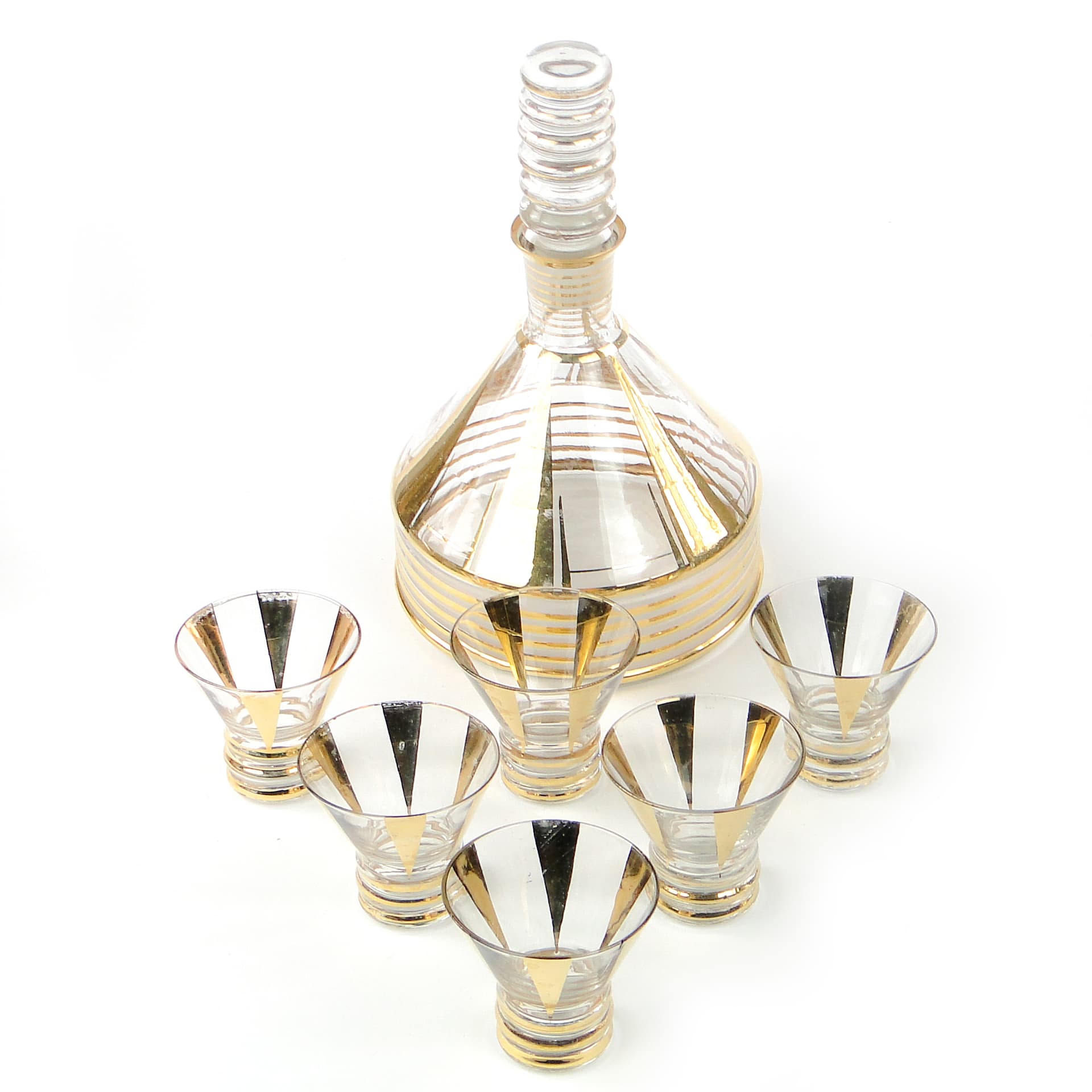 Mid-century modern liqueur set, transparent and gilt glass, Kamenický Šenov, Czechoslovakia, 1950s. - 109069