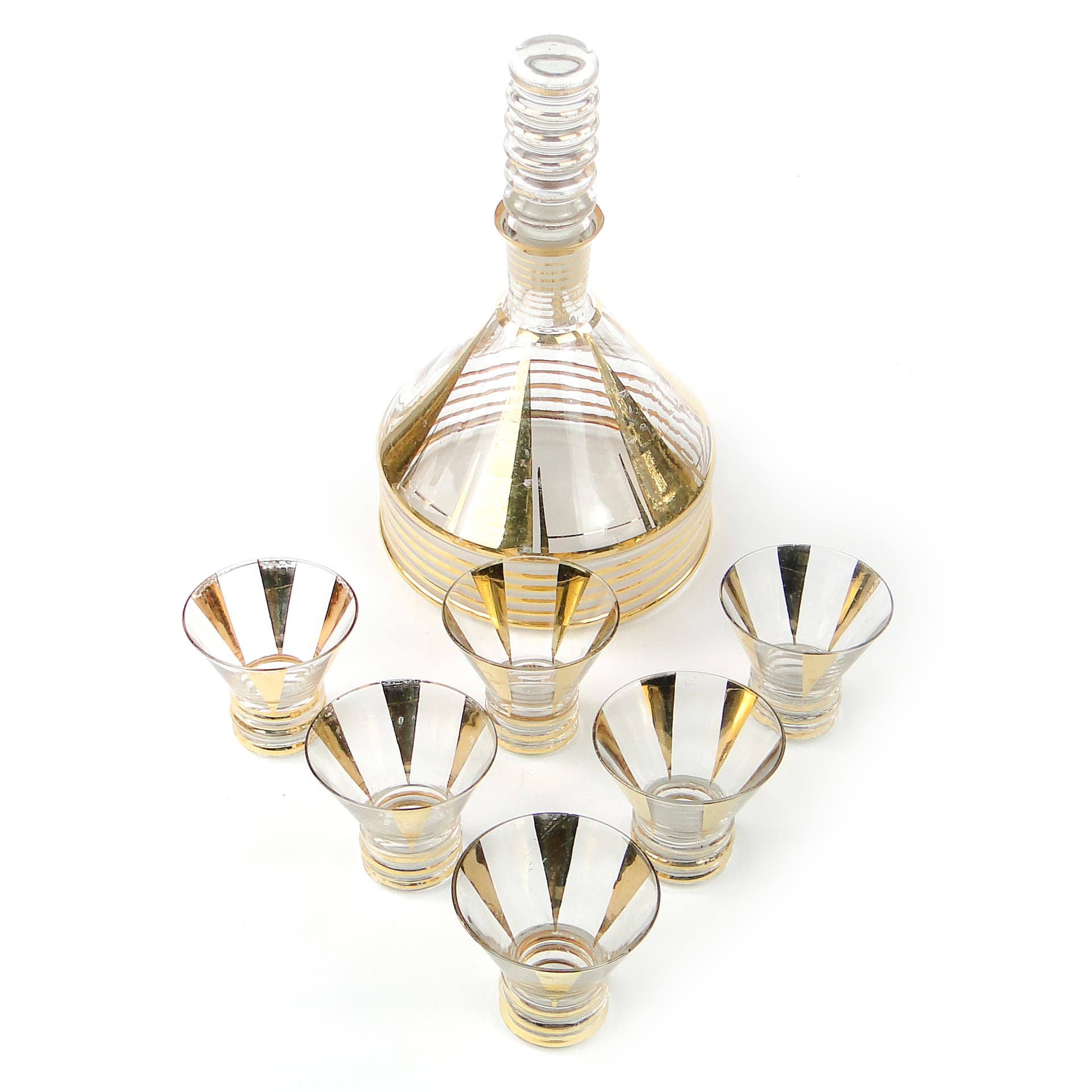Mid-century modern liqueur set, transparent and gilt glass, Kamenický Šenov, Czechoslovakia, 1950s. - 109072