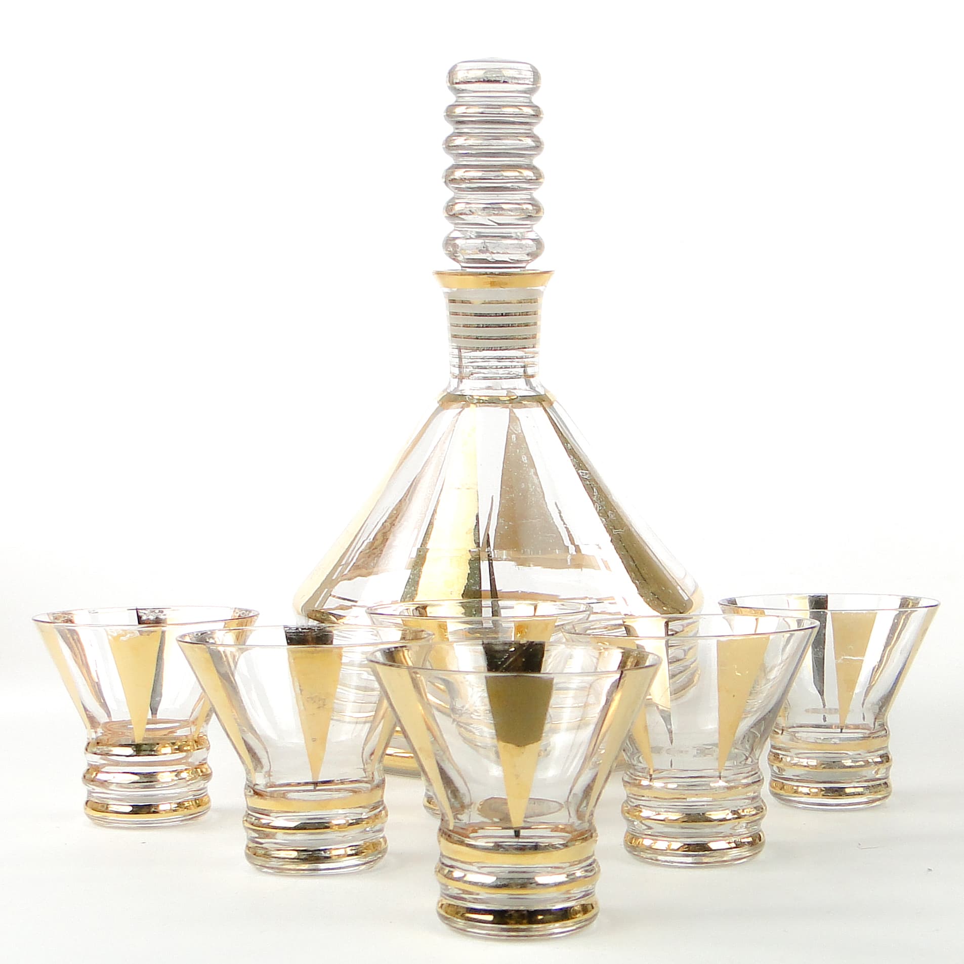 Mid-century modern liqueur set, transparent and gilt glass, Kamenický Šenov, Czechoslovakia, 1950s. - 109073