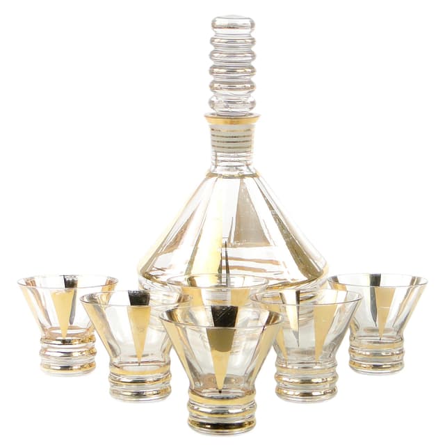 Mid-century modern liqueur set, transparent and gilt glass, Kamenický Šenov, Czechoslovakia, 1950s. - DIMENSION