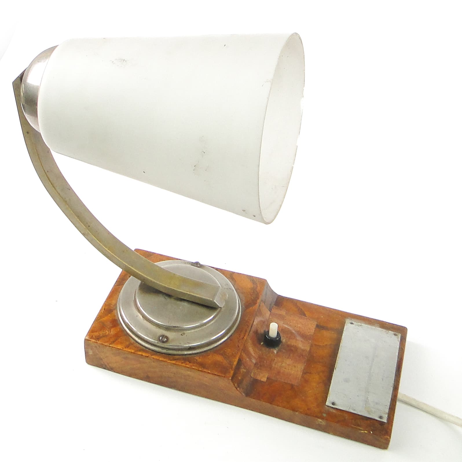 Art Deco wall sconce, nickel-plated brass, walnut wood, Czechoslovakia, 1950s. - 109088