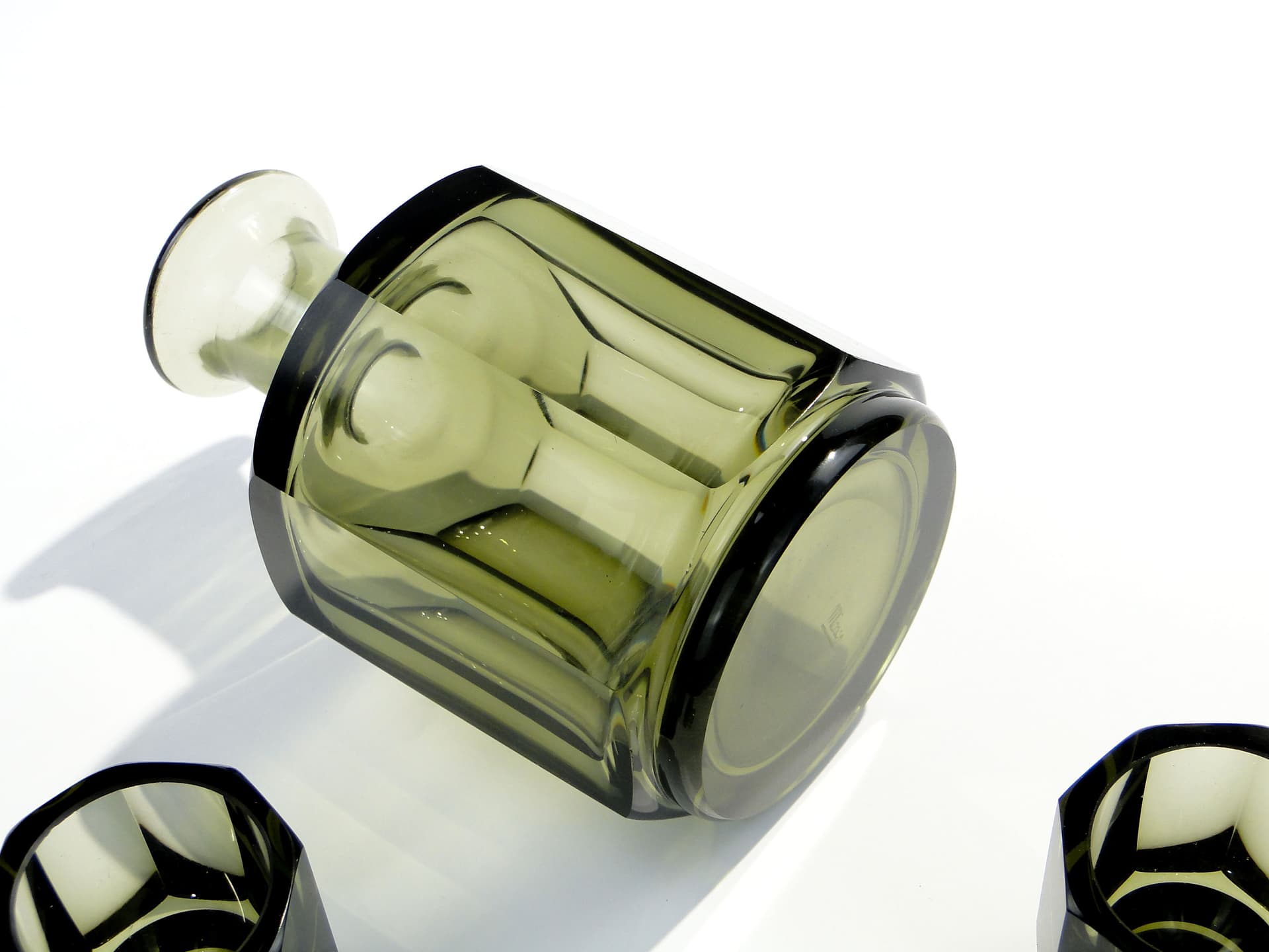 Liqueur set Art Deco, olive, crystal, Ludwik Moser & Sohne, Czech Republic, 1930s. - 7728