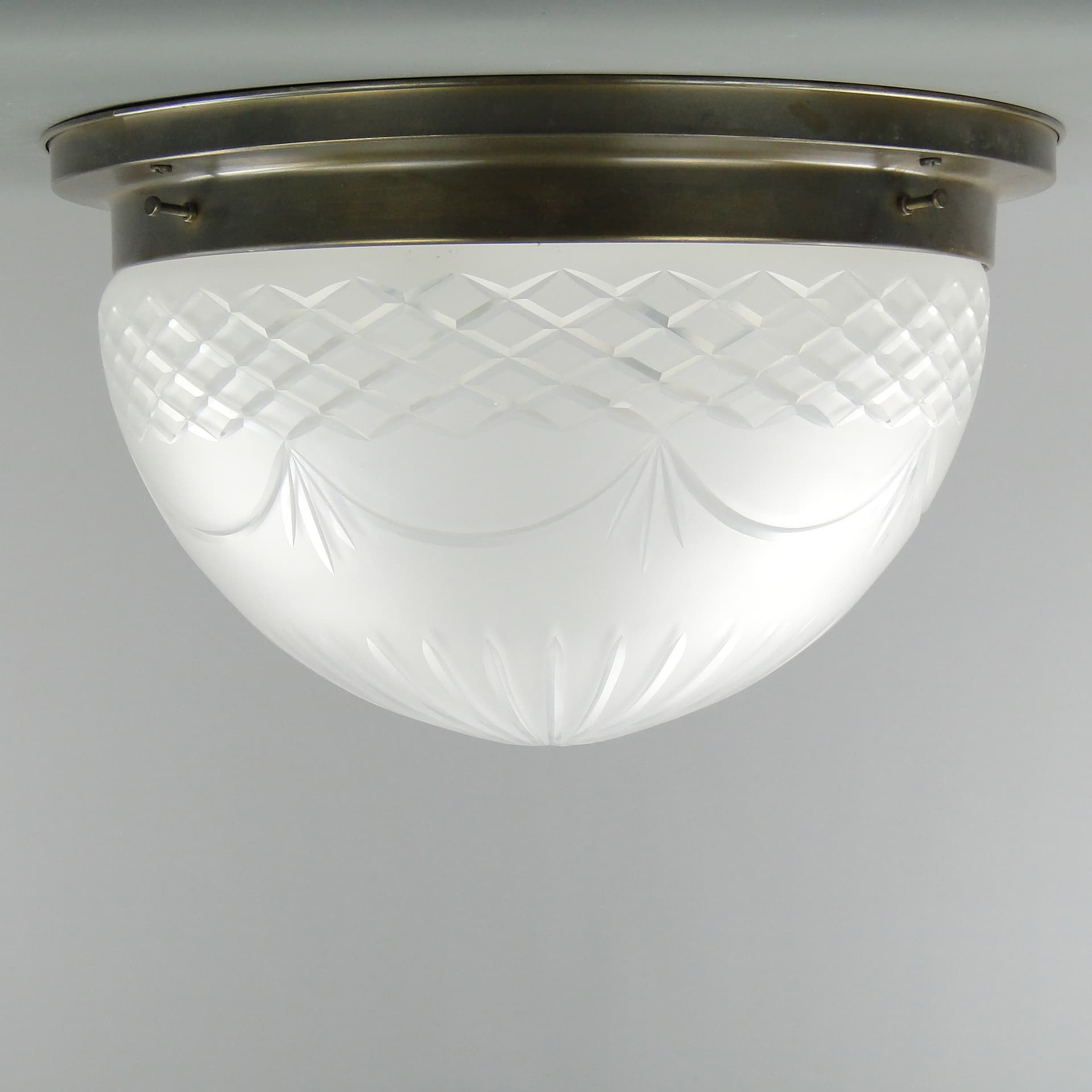 Flush Mount Art Nouveau, brass, white glass, Germany, 1970s - 7731