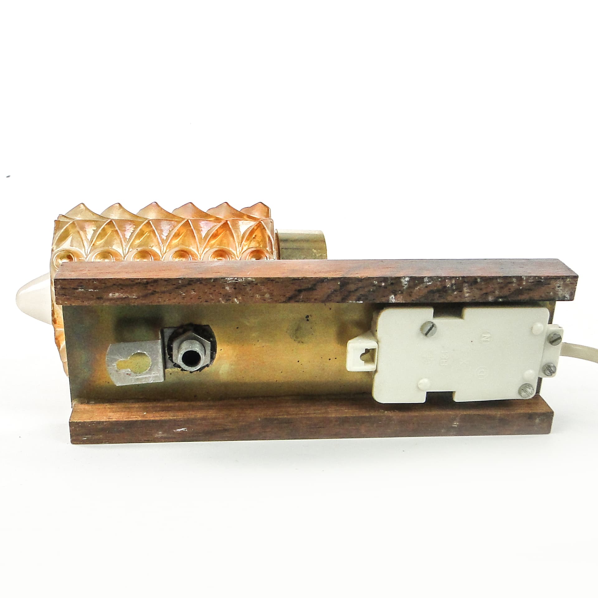 Postmodernist wall sconce, wood, brass, glass, Germany, 1970s. - 109356