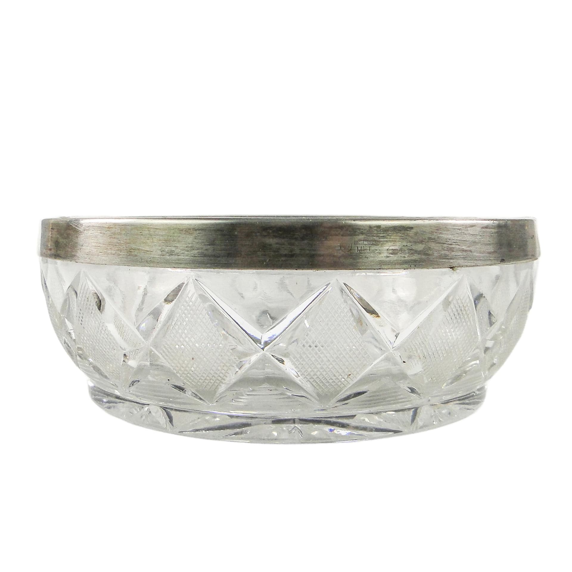 Mid-century modern decorative bowl, crystal, silver-plated brass, Poland, 1970s.