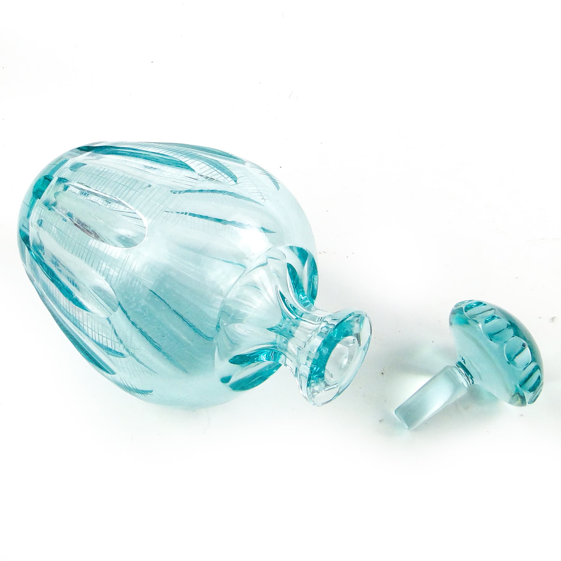 Karafka beryl, mid-century modern, szkło turkusowe, Moser, Czechosłowacja, lata 60. - 110261
