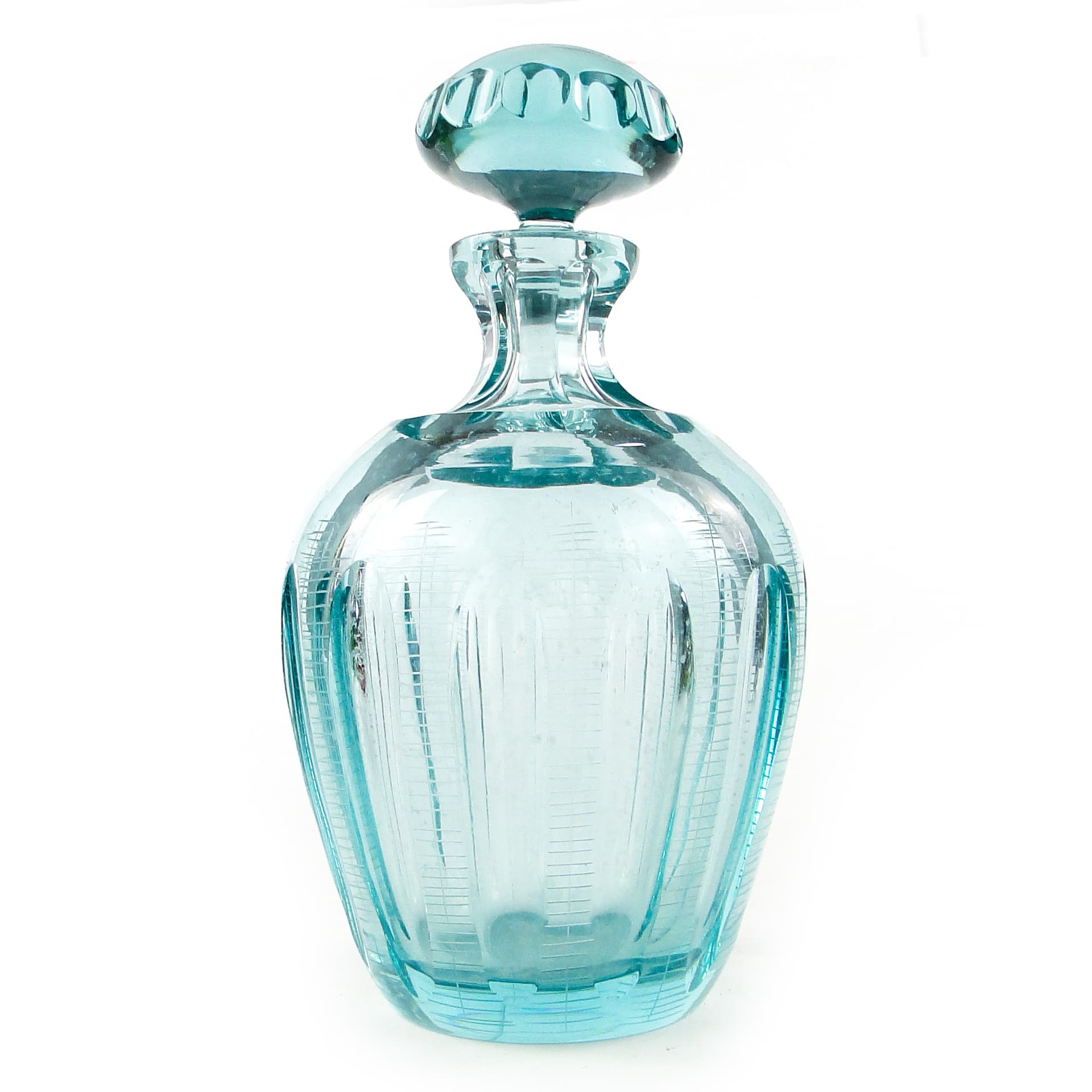 Karafka beryl, mid-century modern, szkło turkusowe, Moser, Czechosłowacja, lata 60. - 110257