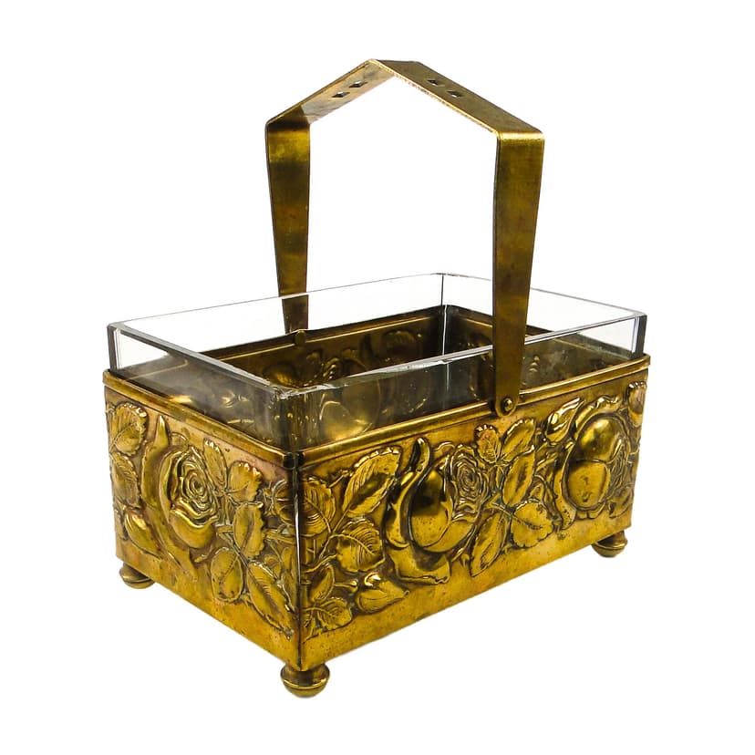 Art Deco fruit and nut basket, brass, crystal, Germany, 1930s.