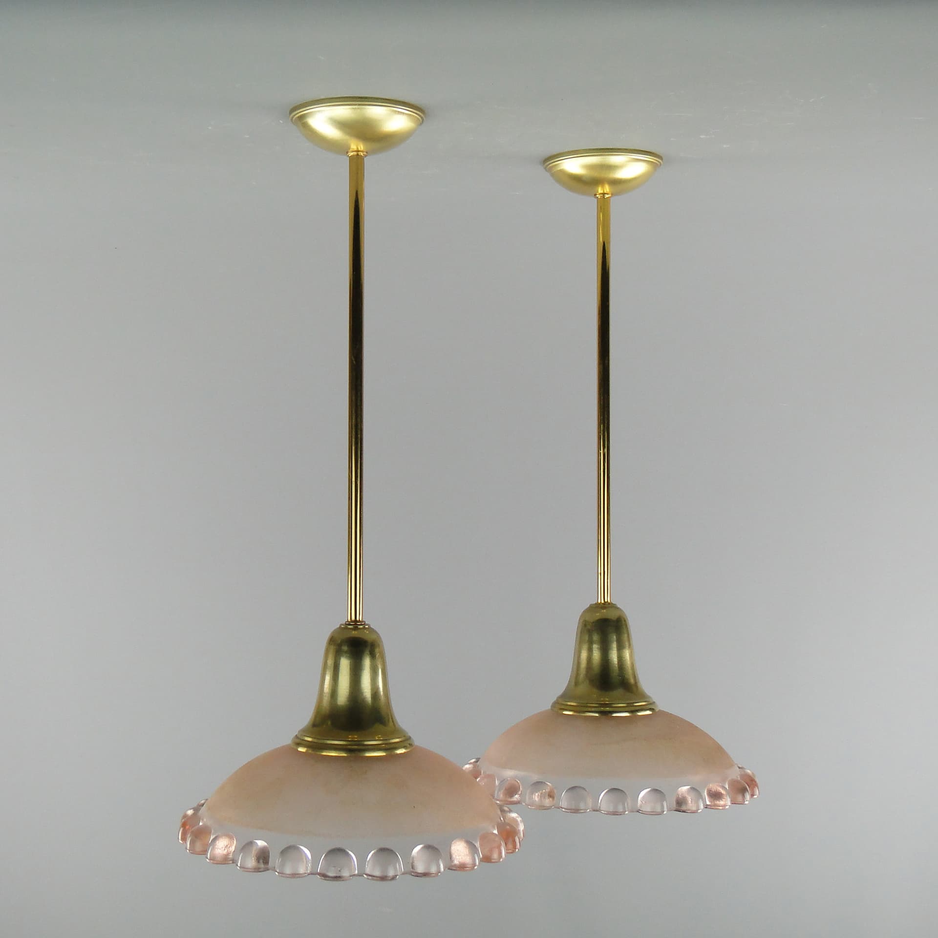 Pair of ceiling lamps, pink glass, brass, France, 1950s. - 7958