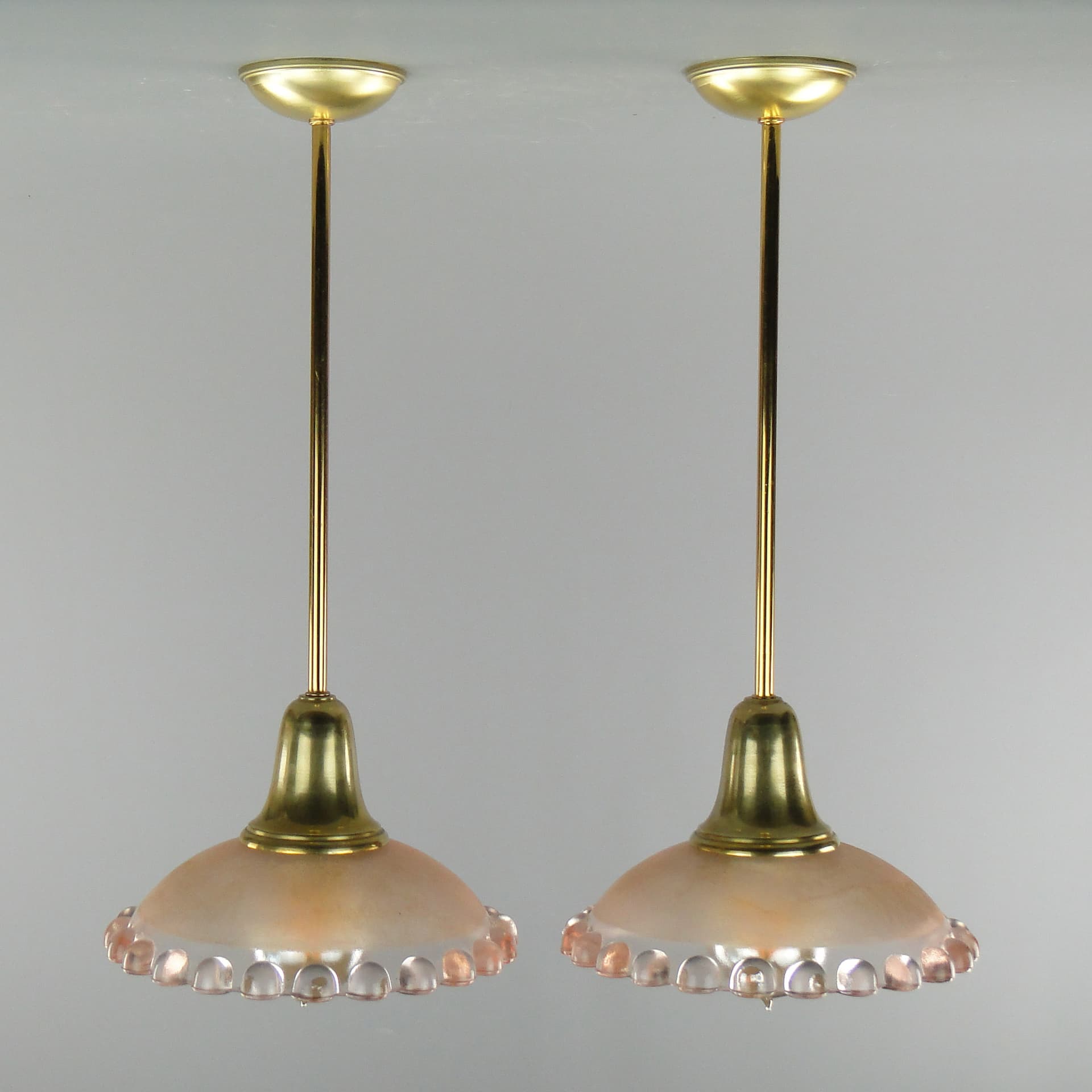 Pair of ceiling lamps, pink glass, brass, France, 1950s. - 7957