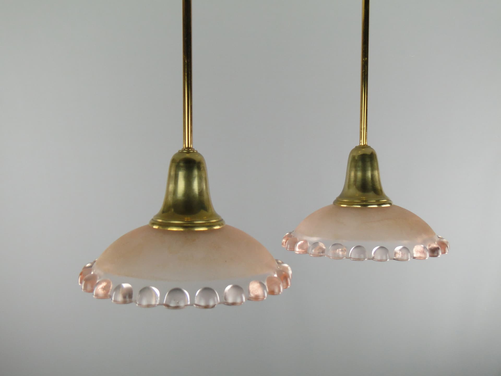Pair of ceiling lamps, pink glass, brass, France, 1950s. - 7960