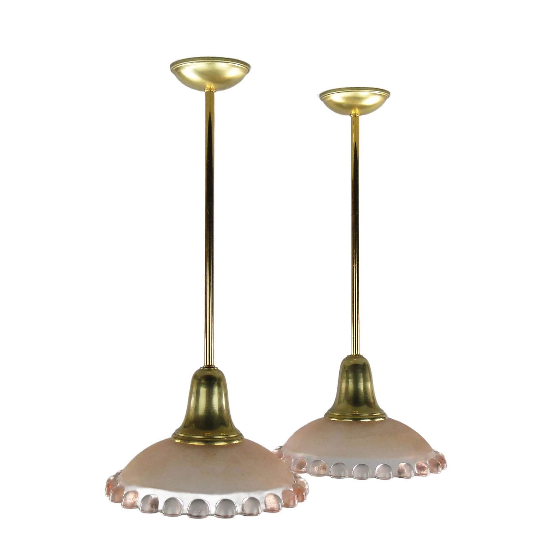 Pair of ceiling lamps, pink glass, brass, France, 1950s.
