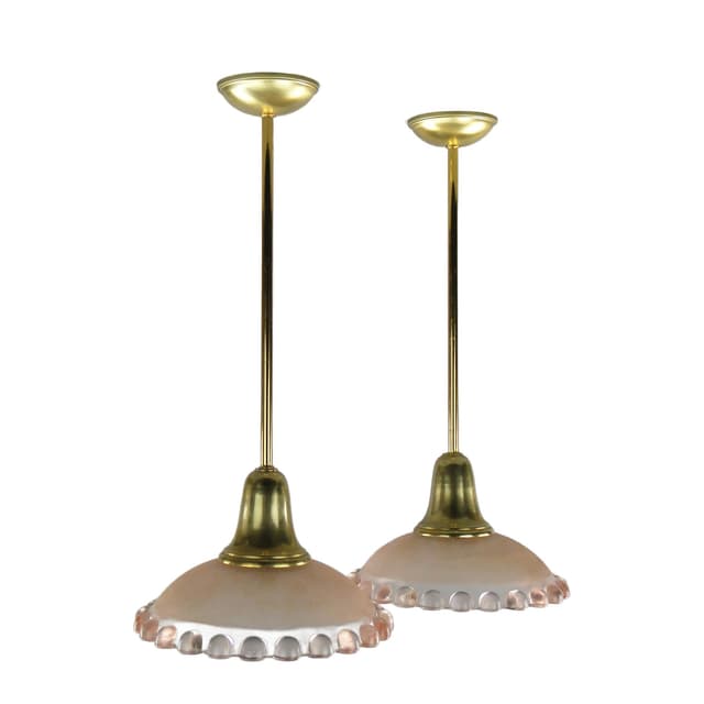 Pair of ceiling lamps, pink glass, brass, France, 1950s. - DIMENSION
