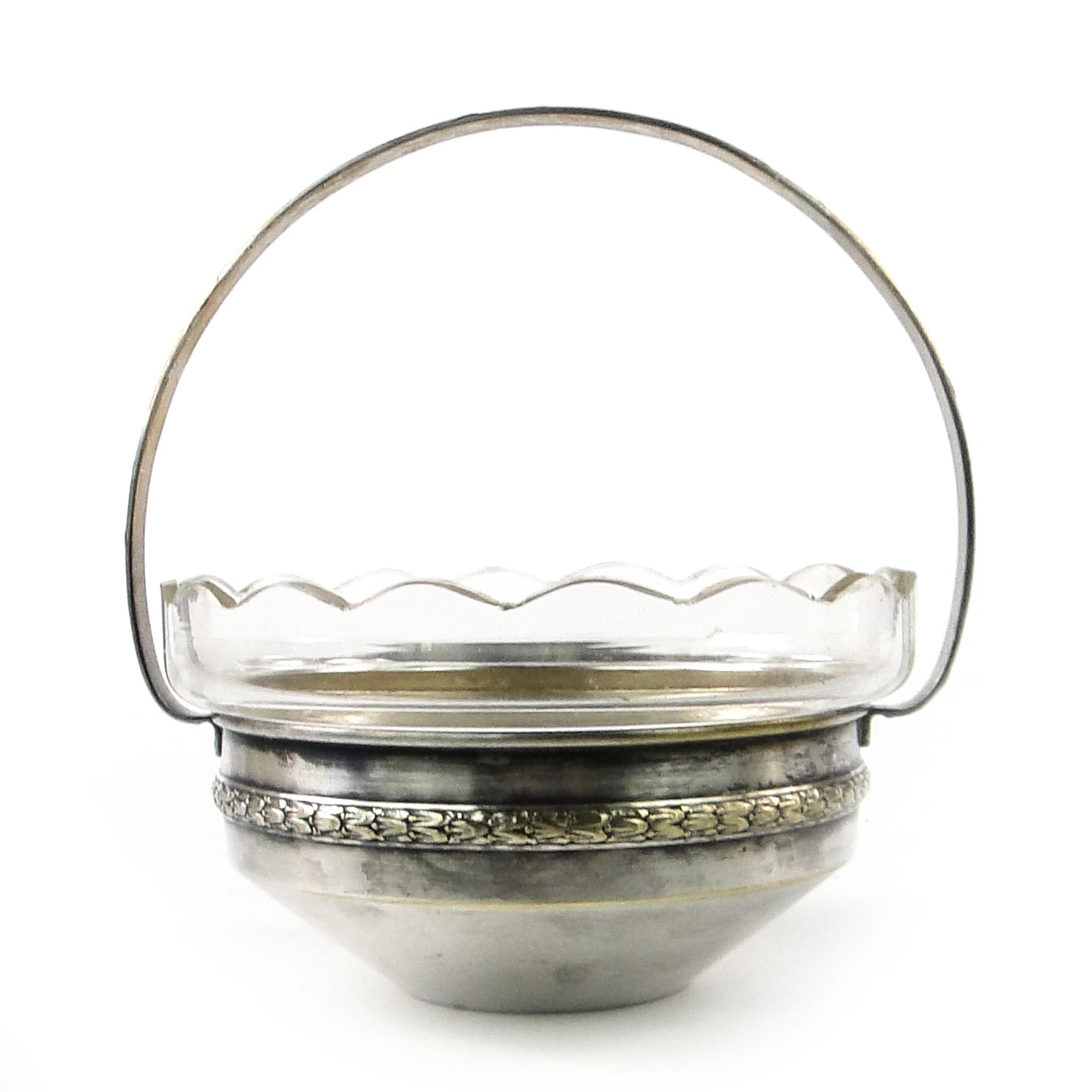 Cukiernica koszyczkowa Eklektyzm, mosiądz srebrzony, kryształ, Polska, lata 30. - 111375