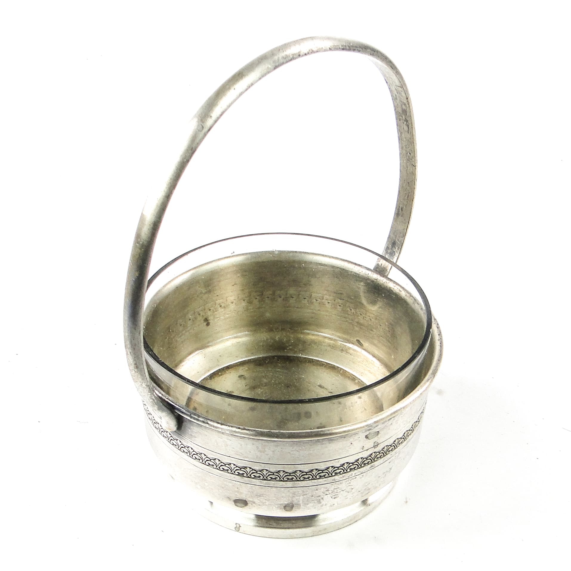 Cukiernica koszyczkowa Art Deco, mosiądz srebrzony szkło, Polska, lata 30. - 111387