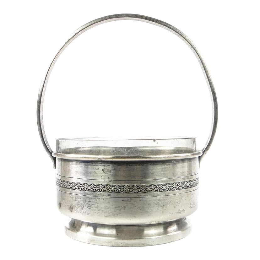 Cukiernica koszyczkowa Art Deco, mosiądz srebrzony szkło, Polska, lata 30.