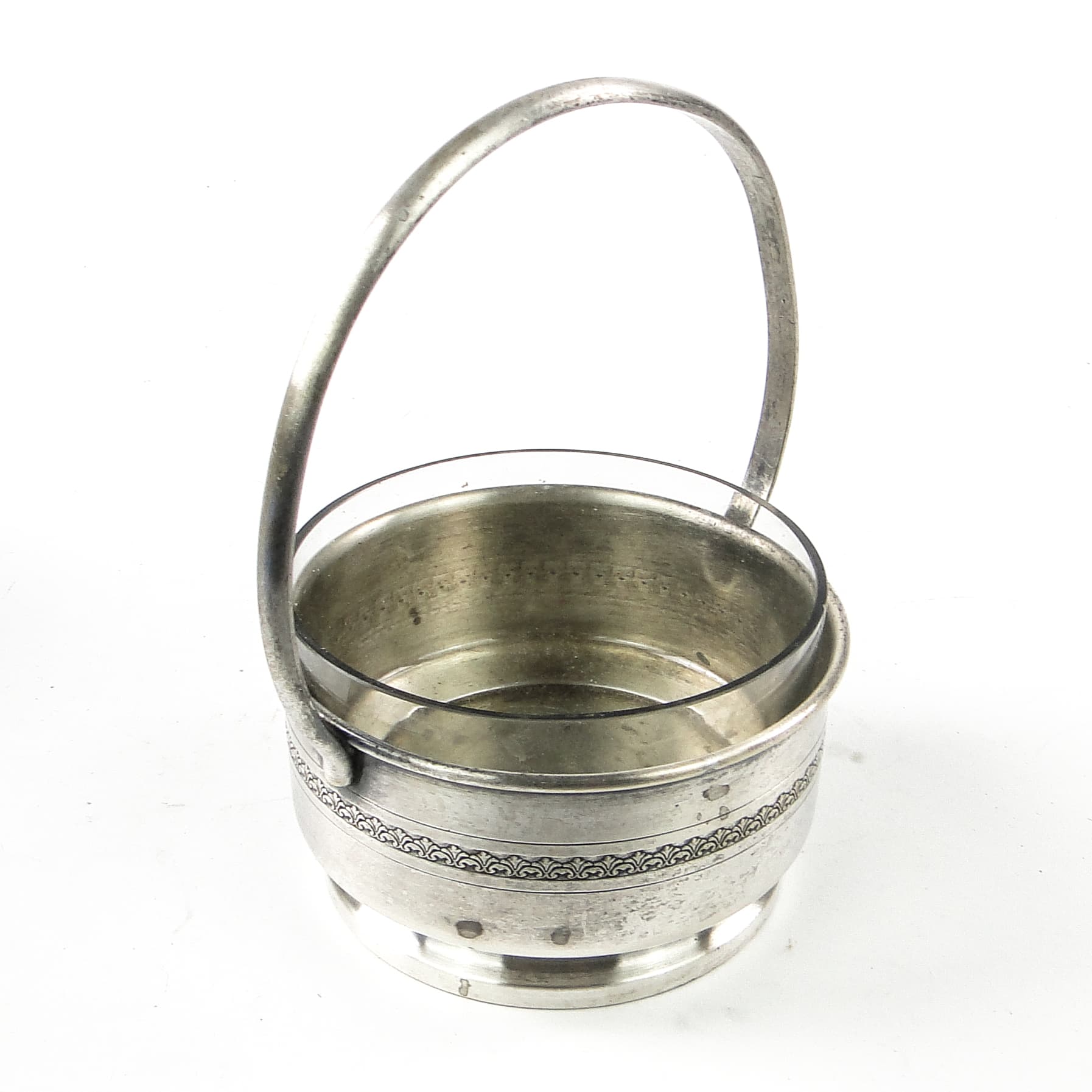 Cukiernica koszyczkowa Art Deco, mosiądz srebrzony szkło, Polska, lata 30. - 111386