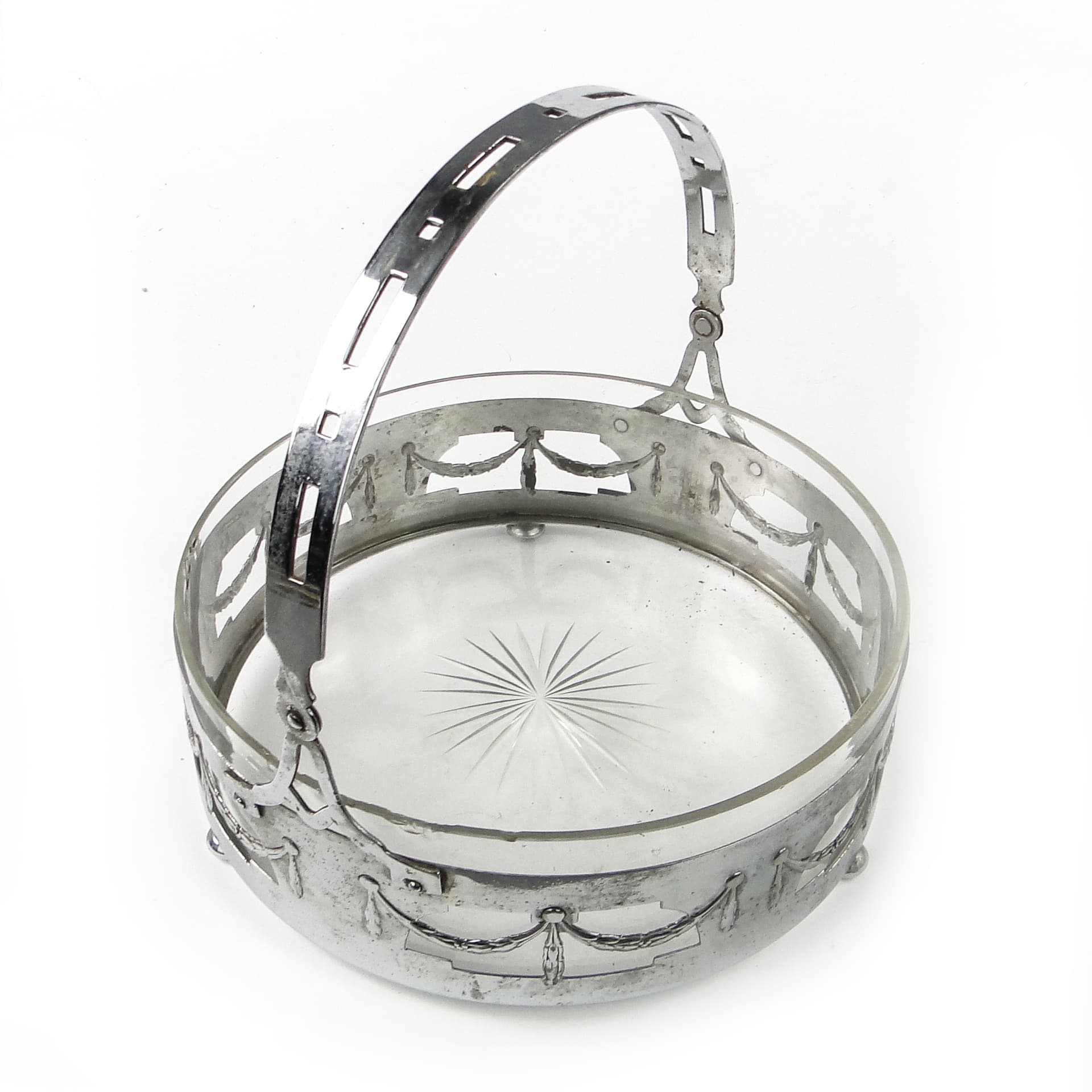 Kosz na owoce Art Nouveau, mosiądz chromowany, szkło, Niemcy, początek XX w. - 111446