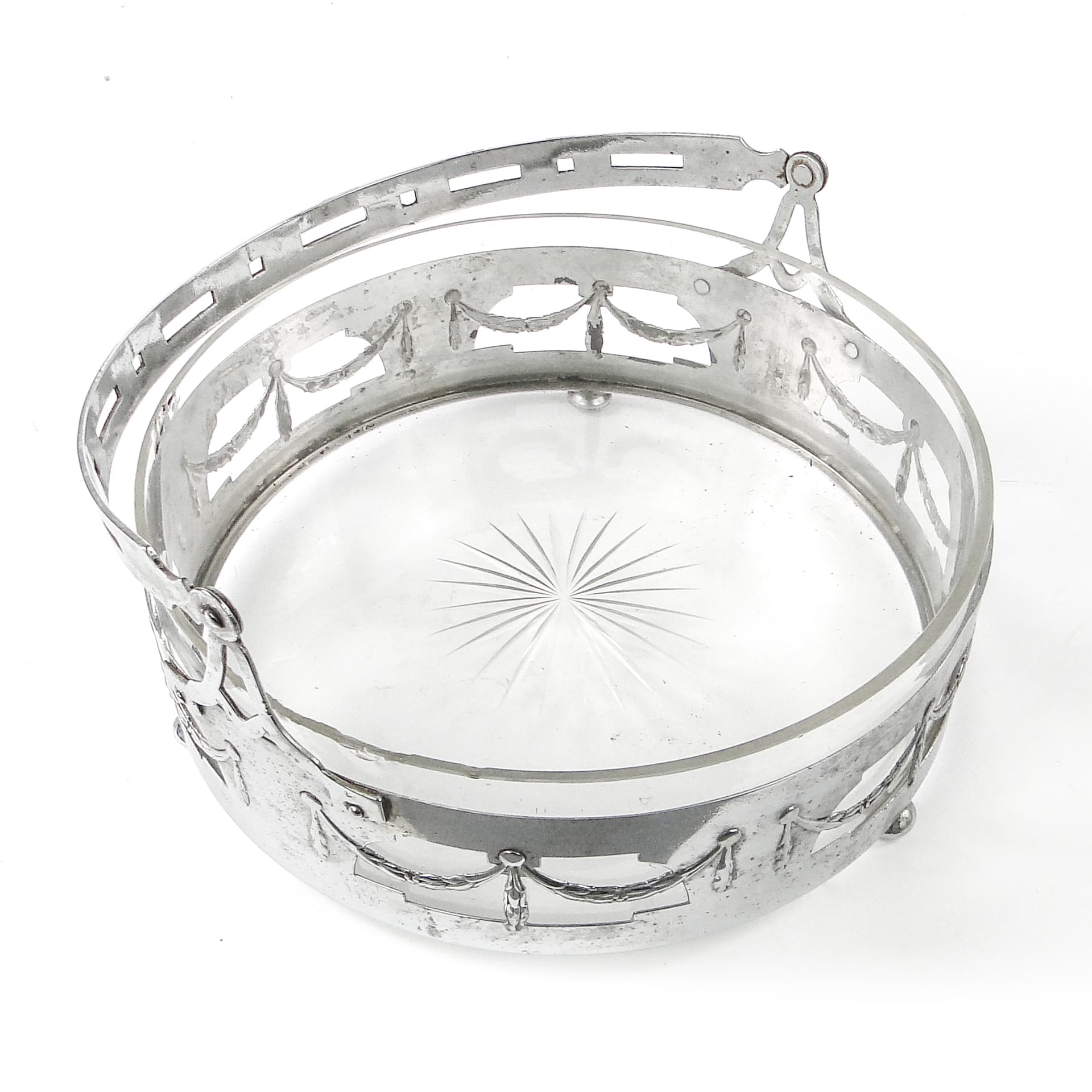 Kosz na owoce Art Nouveau, mosiądz chromowany, szkło, Niemcy, początek XX w. - 111450