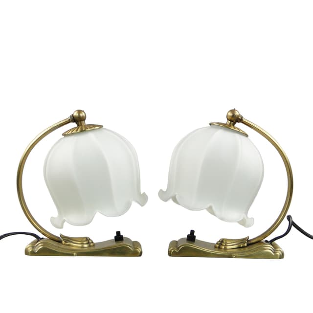 Para lamp stołowych Art déco, mosiądz złoty, szkło białe, Polska, lata 20. - WYMIARY