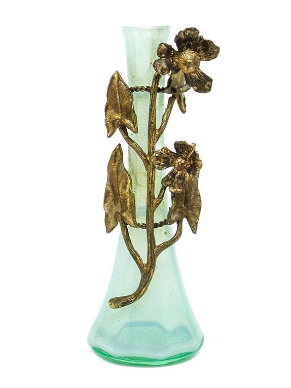 Wazon Art Nouveau, szkło uranowe, brąz złocony, Belgia, lata 30. - WYMIARY