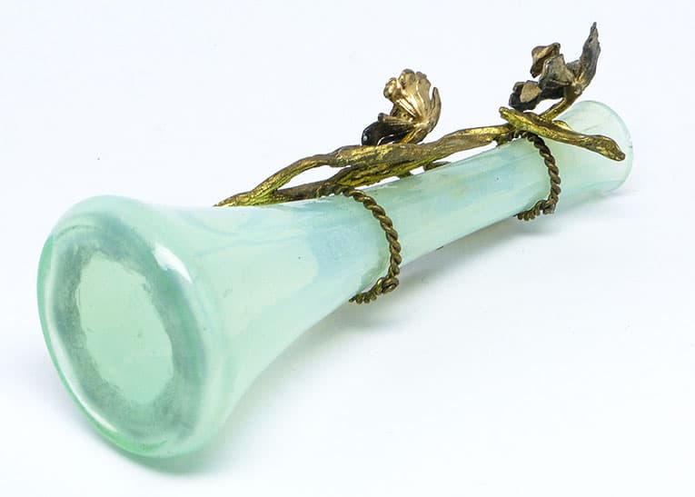 Wazon Art Nouveau, szkło uranowe, brąz złocony, Belgia, lata 30. - 112118